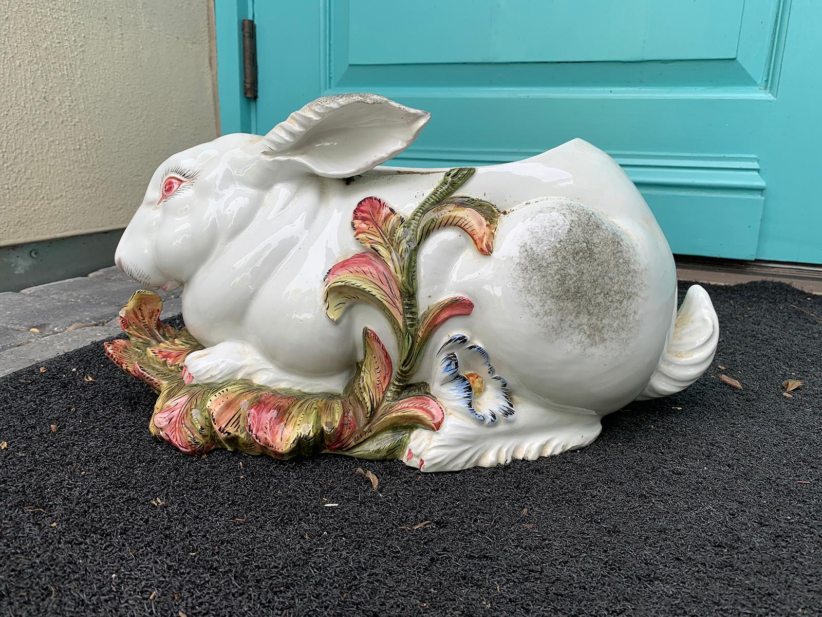 Mid-20th Century Italian Glazed Porcelain Bunny Cachepot or Planter, Marked In Good Condition In Atlanta, GA