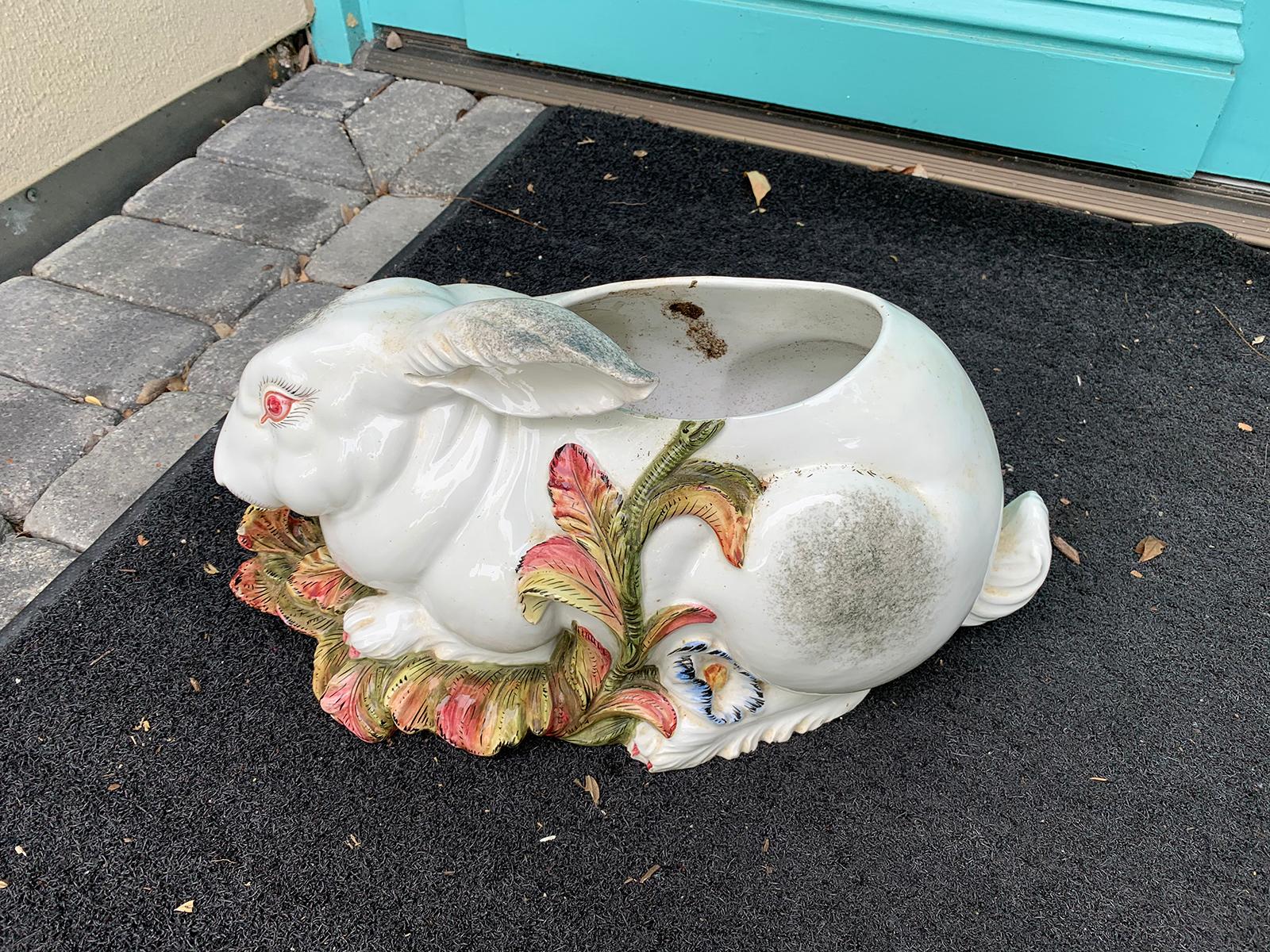 Mid-20th Century Italian Glazed Porcelain Bunny Cachepot or Planter, Marked 1