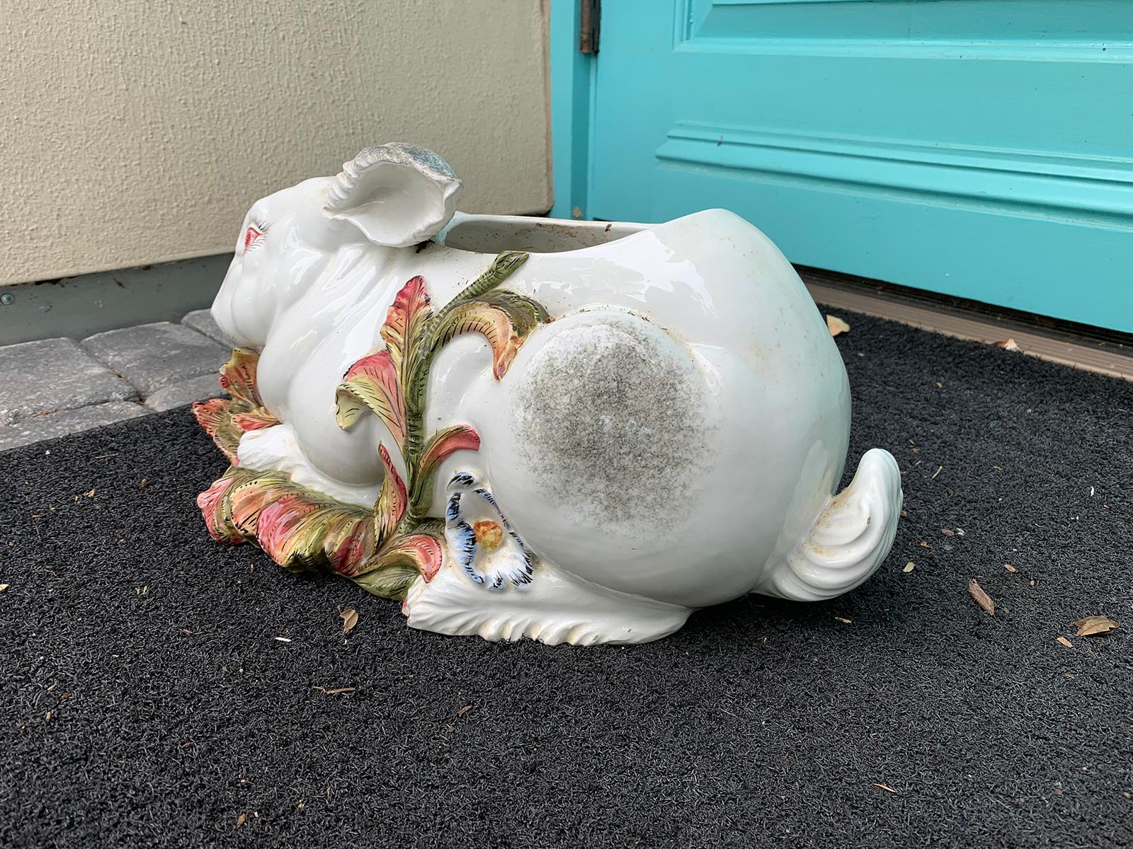 Mid-20th Century Italian Glazed Porcelain Bunny Cachepot or Planter, Marked 3