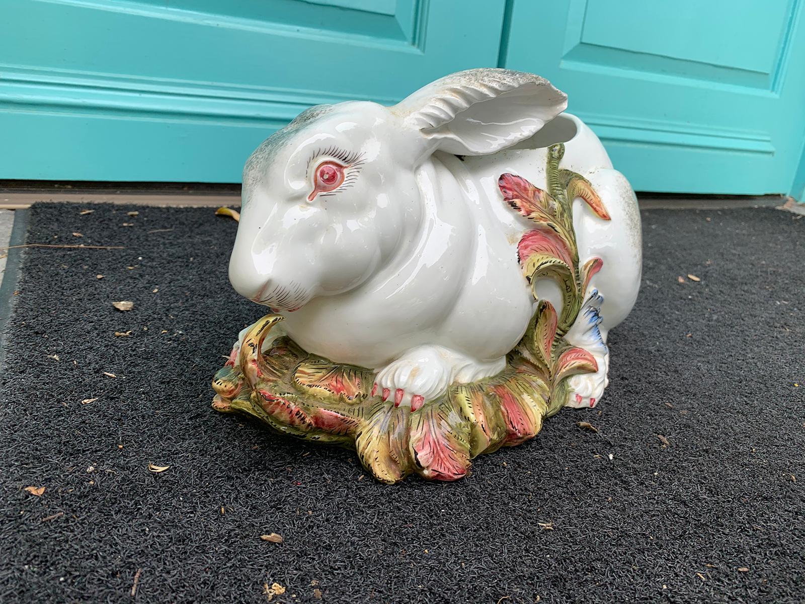 Mid-20th Century Italian Glazed Porcelain Bunny Cachepot or Planter, Marked 4