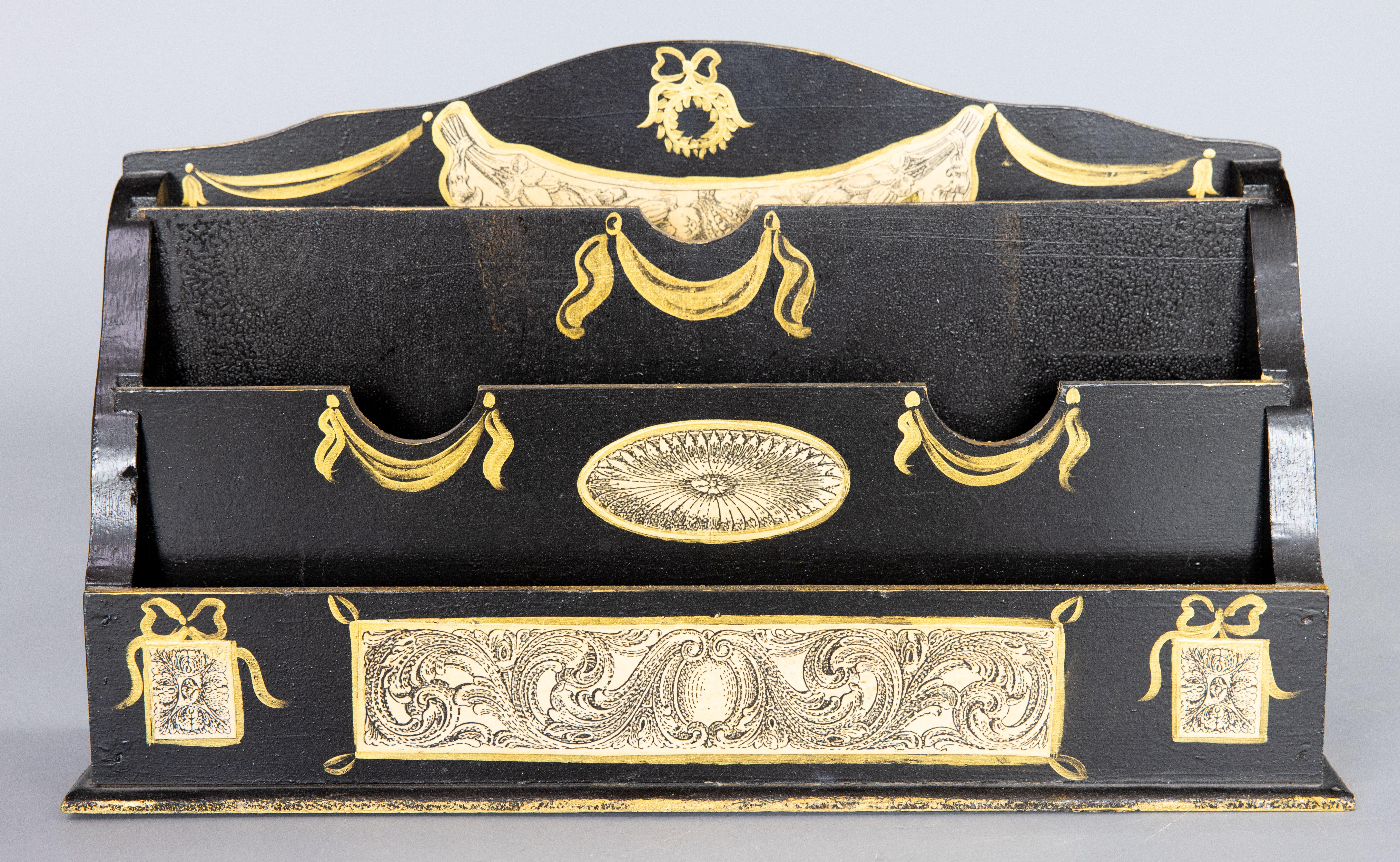 Mid-20th Century Italian Gold & Black Lacquered Wood Letter Holder 2