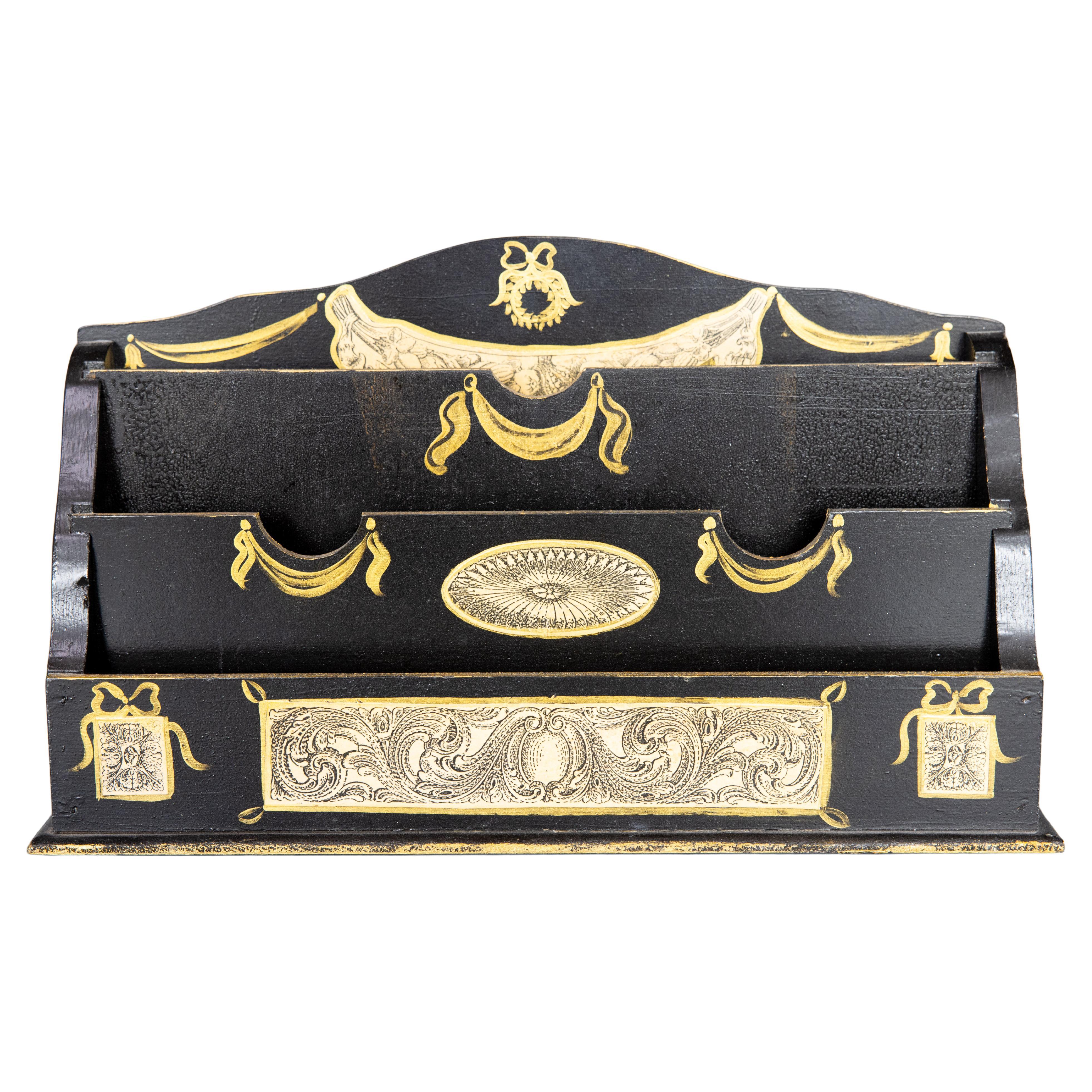 Mid-20th Century Italian Gold & Black Lacquered Wood Letter Holder