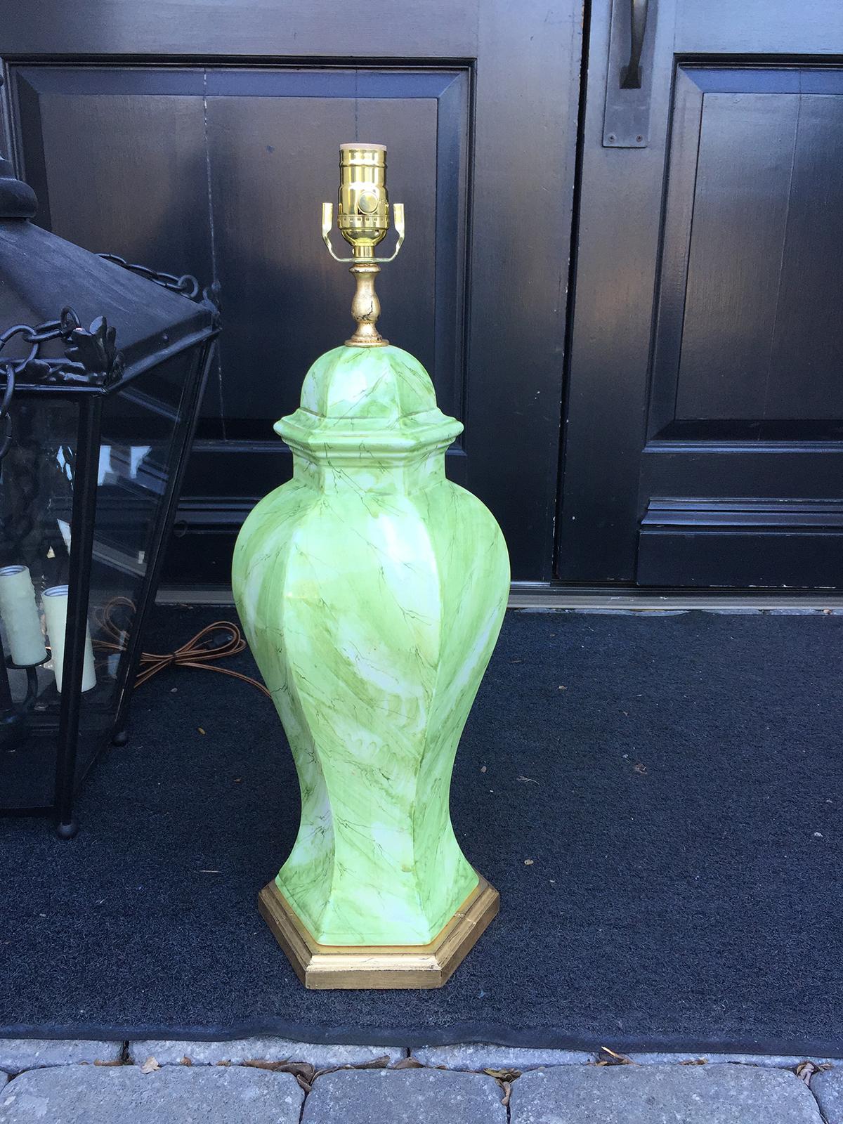 Mid-20th Century Italian Green and White Faux Marbre Lamp on Custom Base, Marked In Good Condition In Atlanta, GA