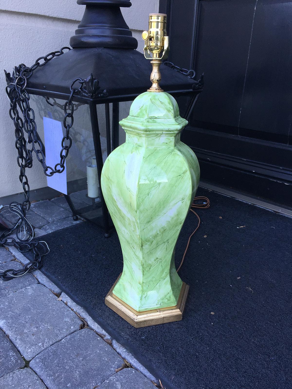 Plaster Mid-20th Century Italian Green and White Faux Marbre Lamp on Custom Base, Marked