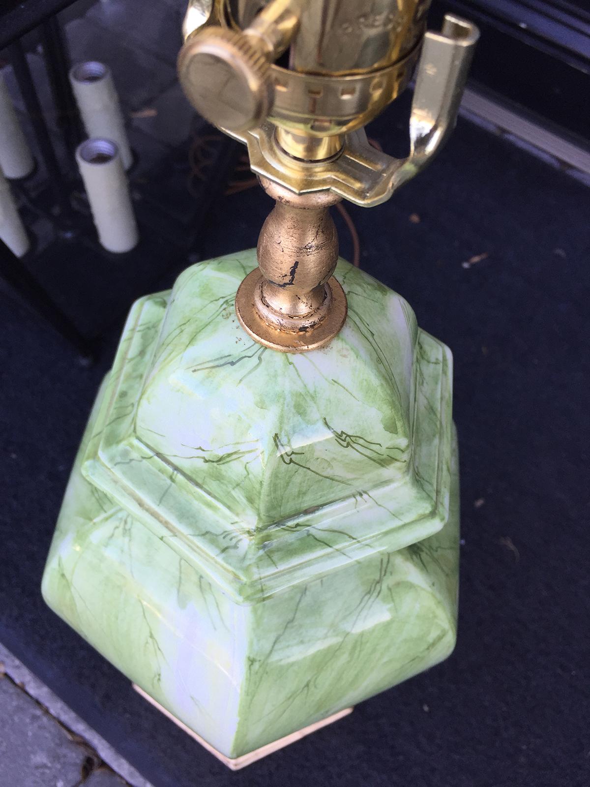 Mid-20th Century Italian Green and White Faux Marbre Lamp on Custom Base, Marked 2
