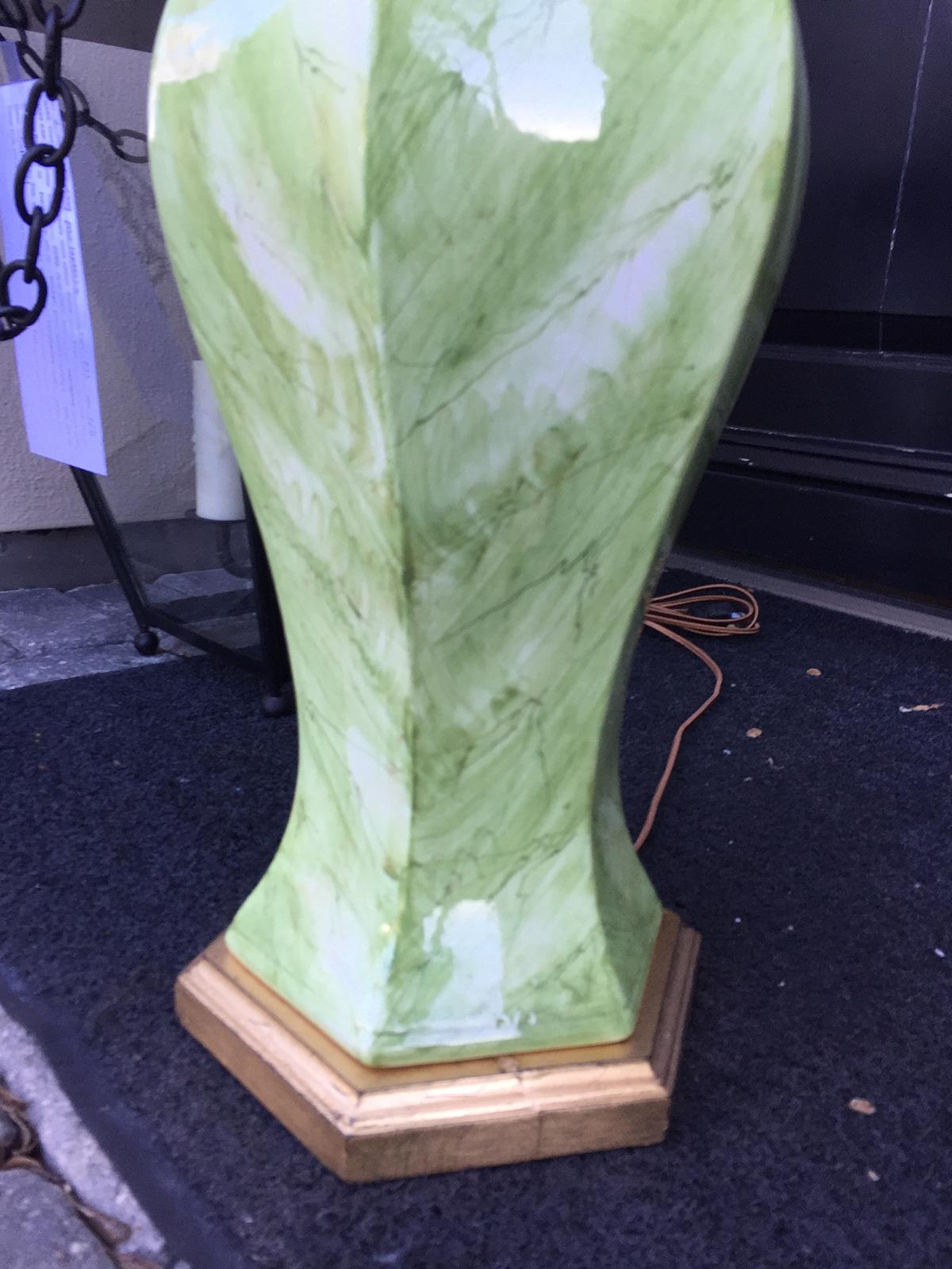 Mid-20th Century Italian Green and White Faux Marbre Lamp on Custom Base, Marked 3