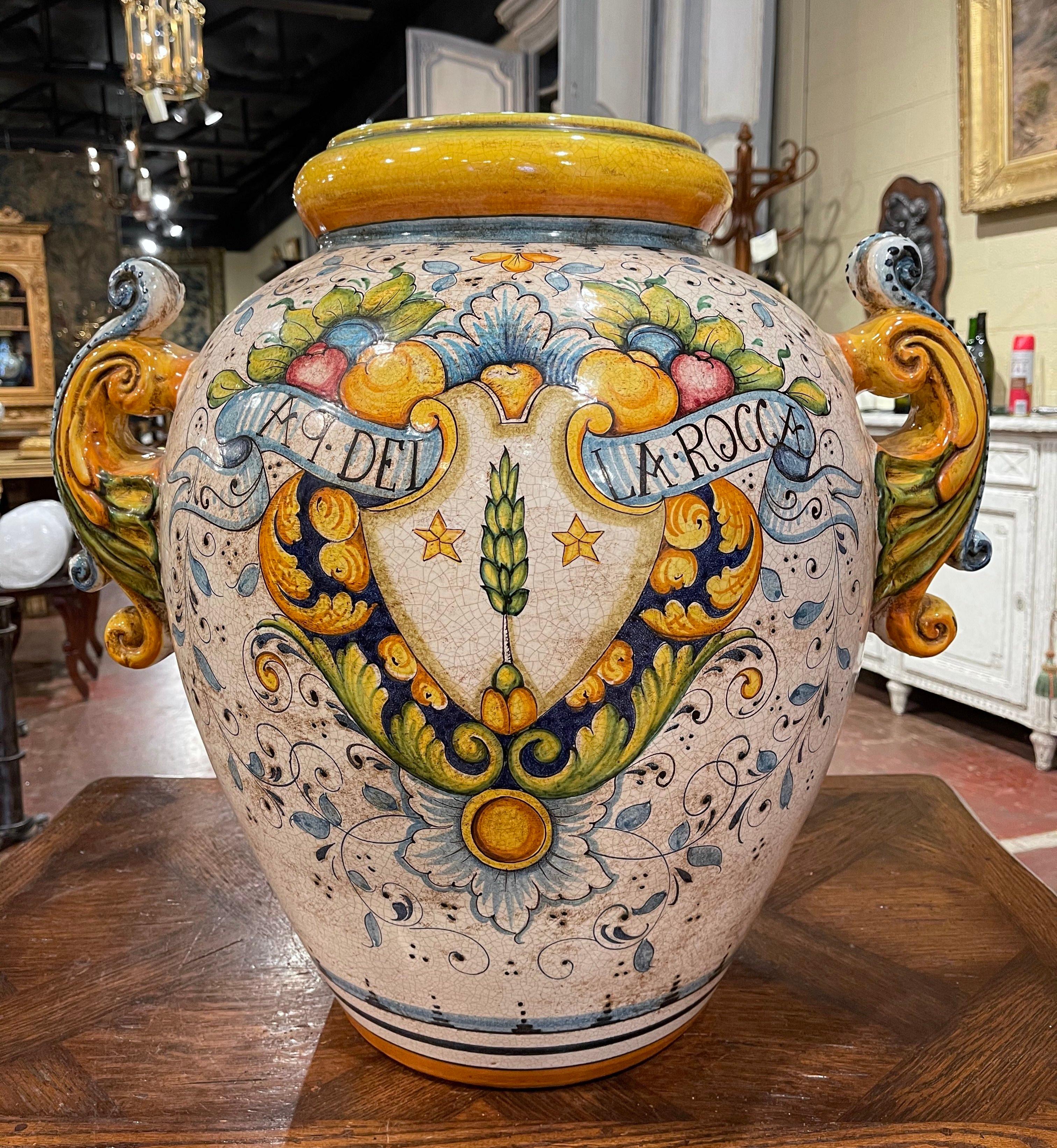 Hand-Painted Mid-20th Century Italian Hand Painted Ceramic Cache Pot with Crest Motifs