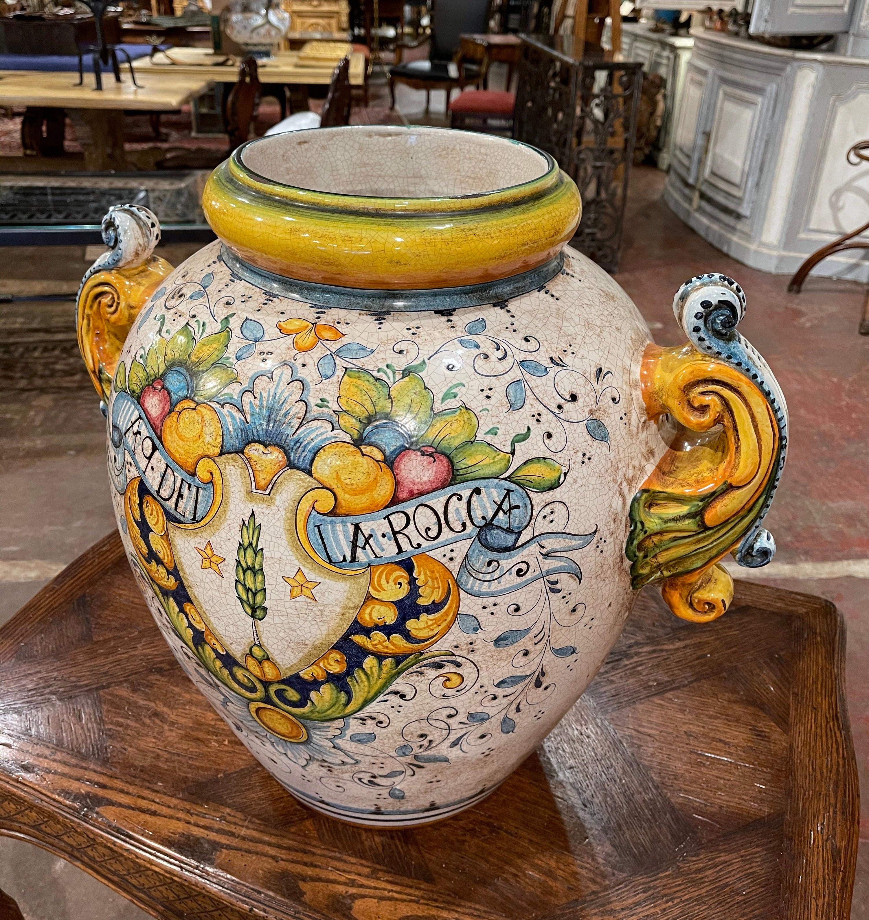 Mid-20th Century Italian Hand Painted Ceramic Cache Pot with Crest Motifs 1