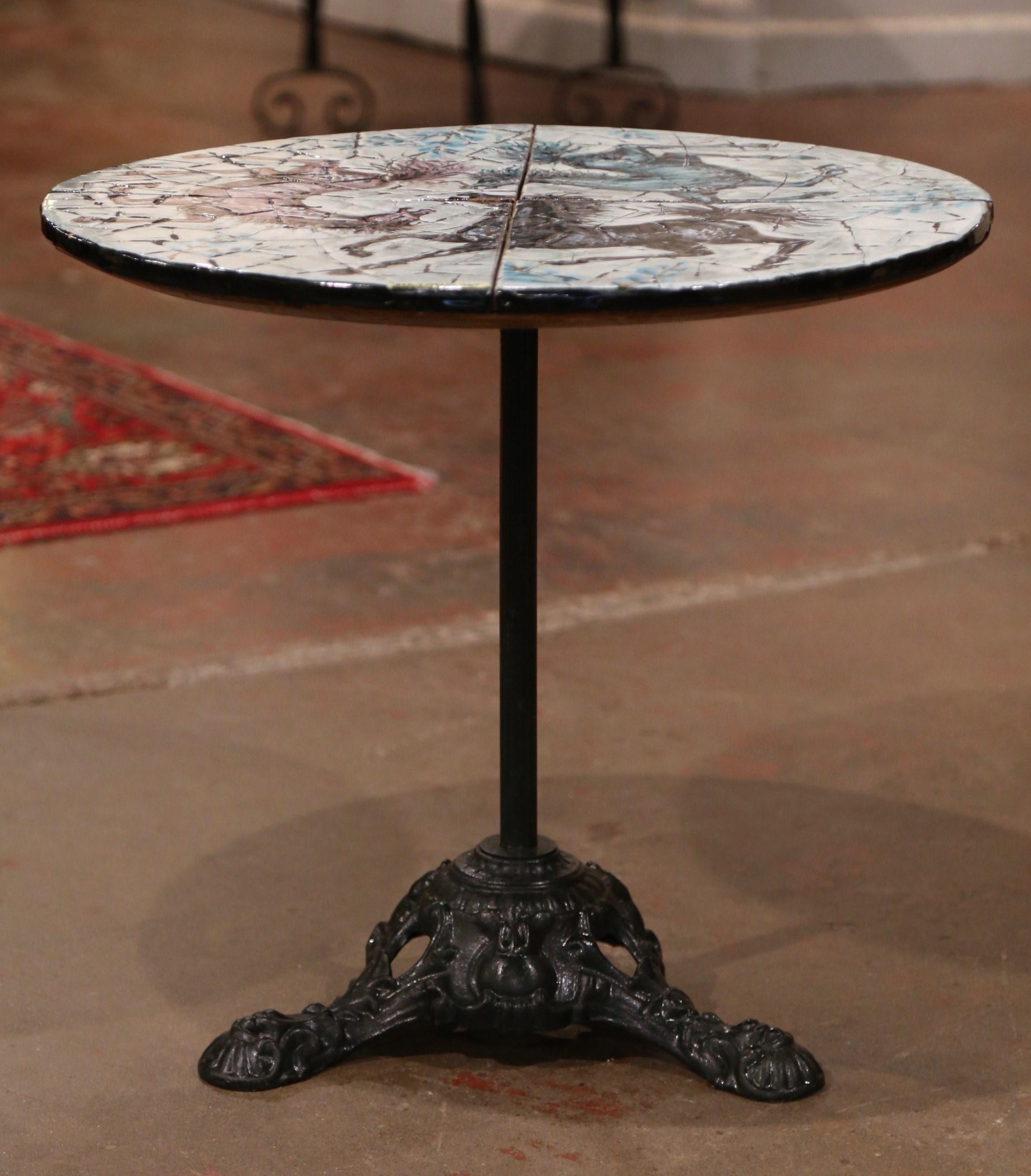 Mid-20th Century Italian Iron and Marble Pedestal Table with Mosaic Horse Motifs In Excellent Condition In Dallas, TX