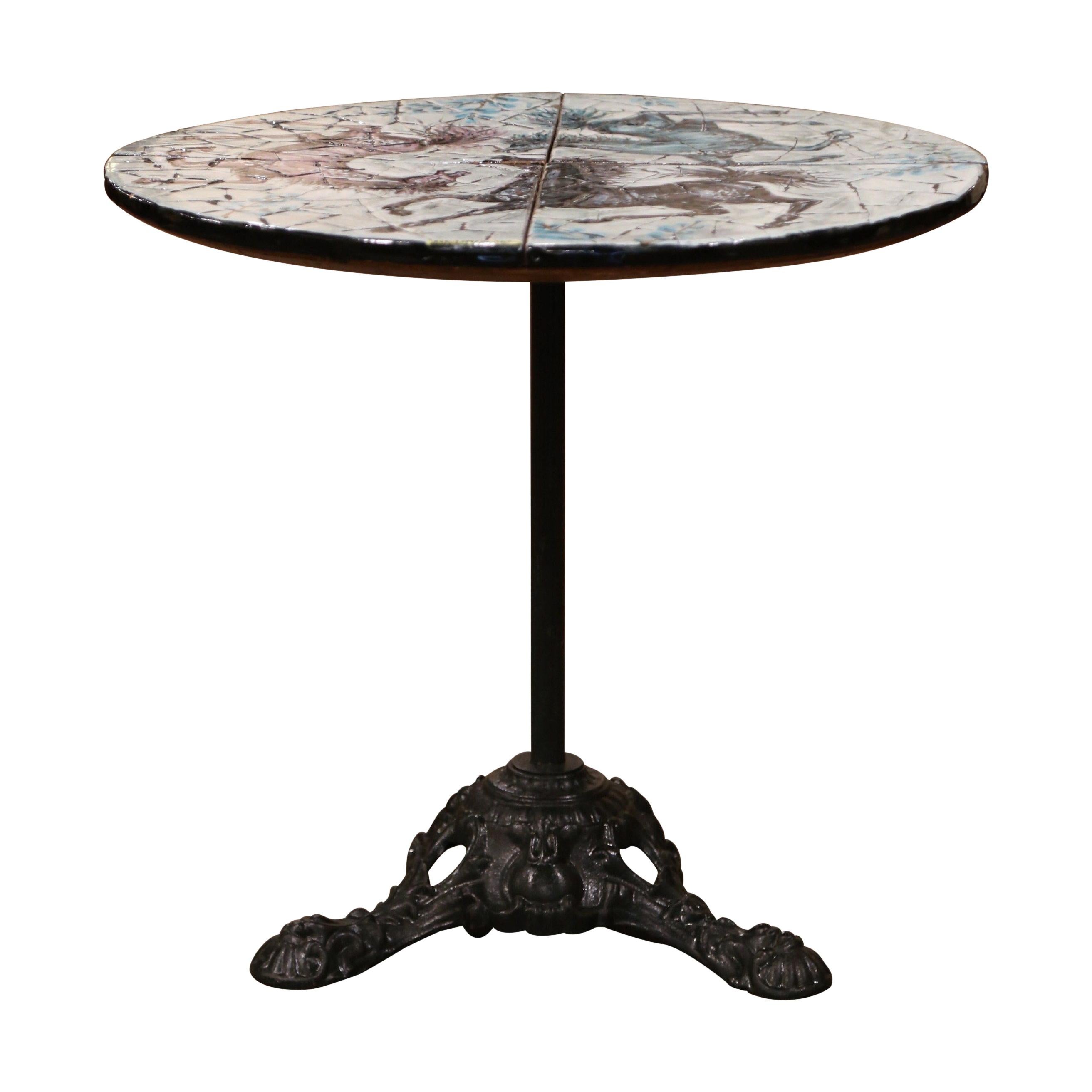 Mid-20th Century Italian Iron and Marble Pedestal Table with Mosaic Horse Motifs