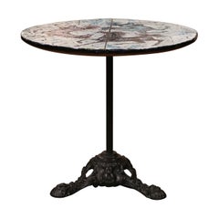 Vintage Mid-20th Century Italian Iron and Marble Pedestal Table with Mosaic Horse Motifs