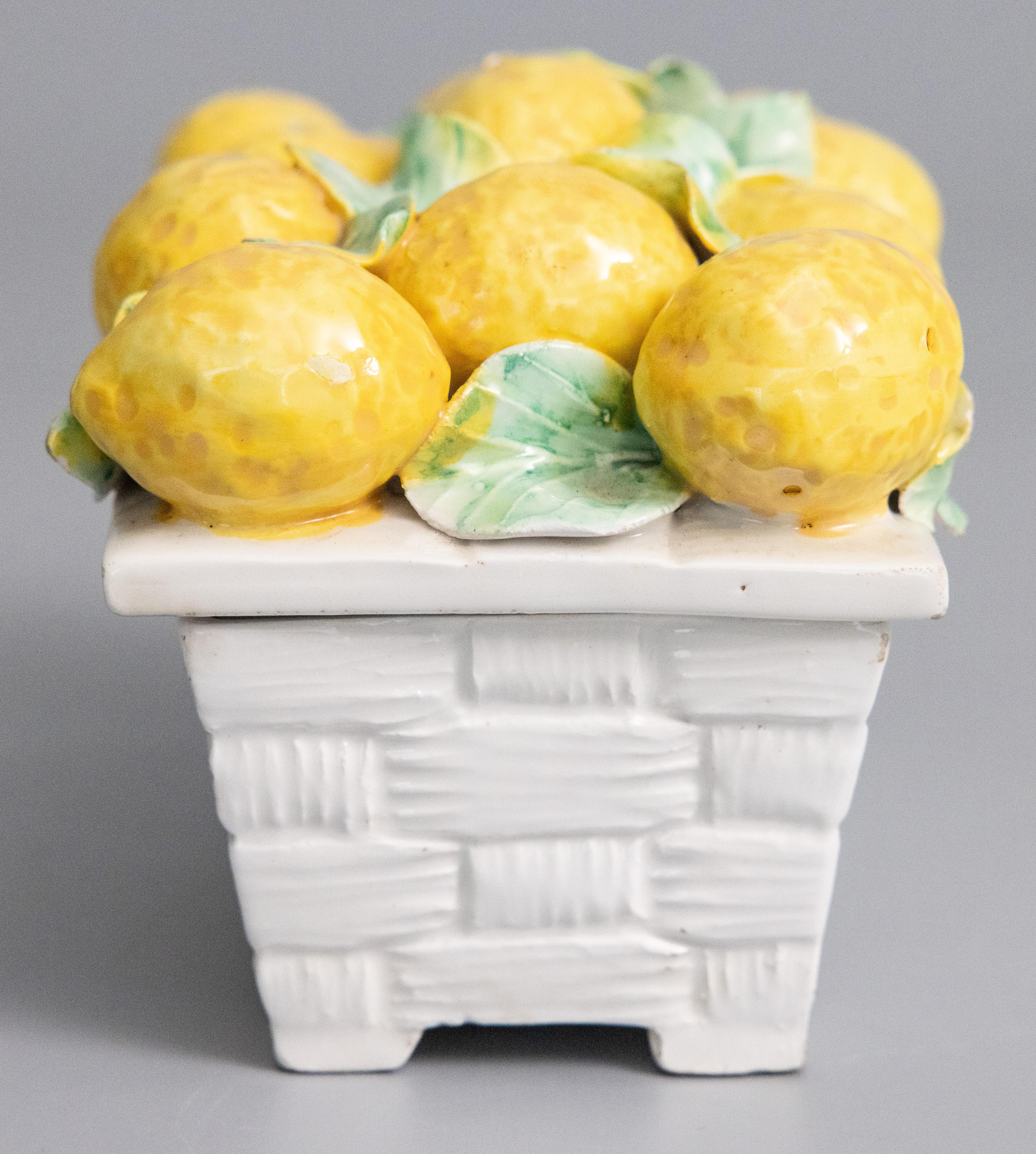A charming petite Mid-Century Italian majolica basket of lemons lidded rectangular dish. Signed 