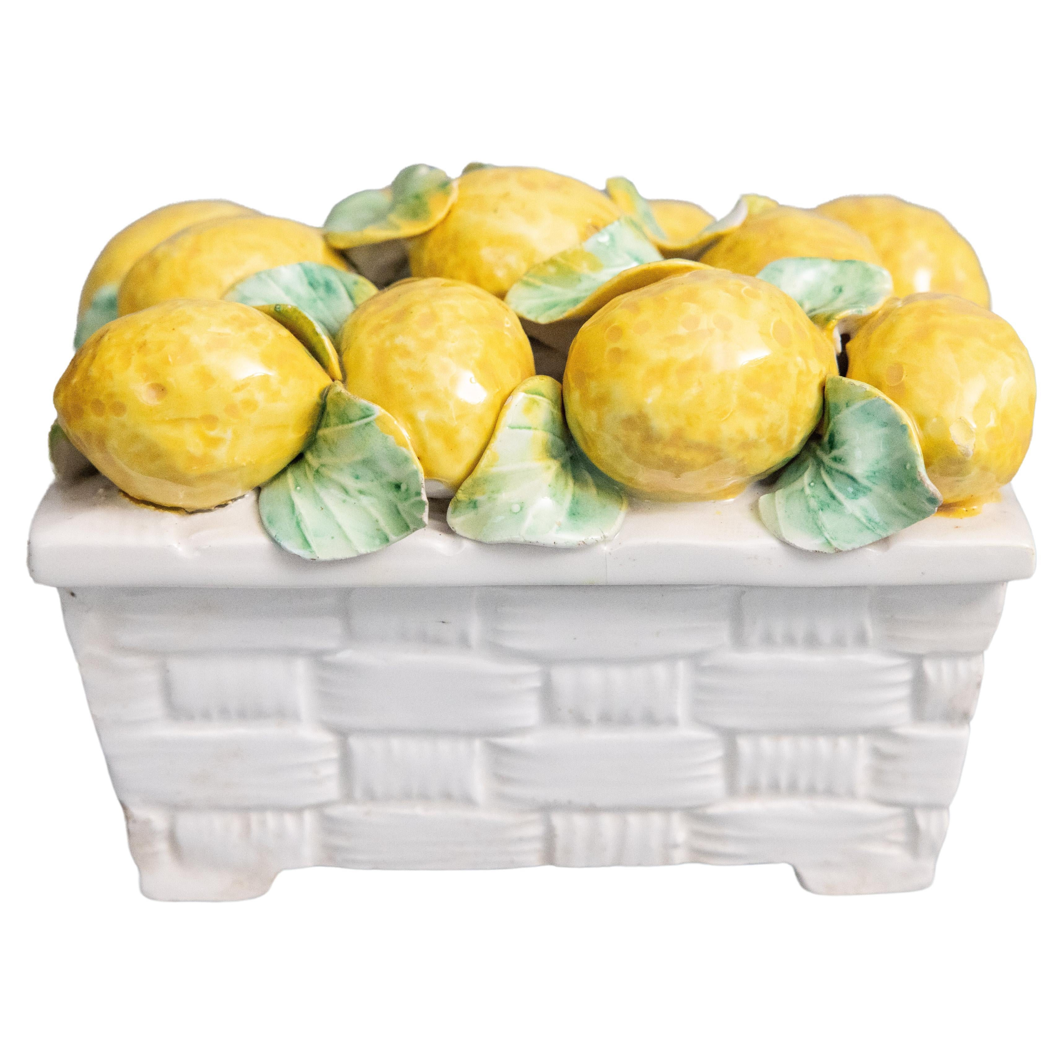  Mid-20th Century Italian Majolica Lemon Basket Lidded Dish For Sale