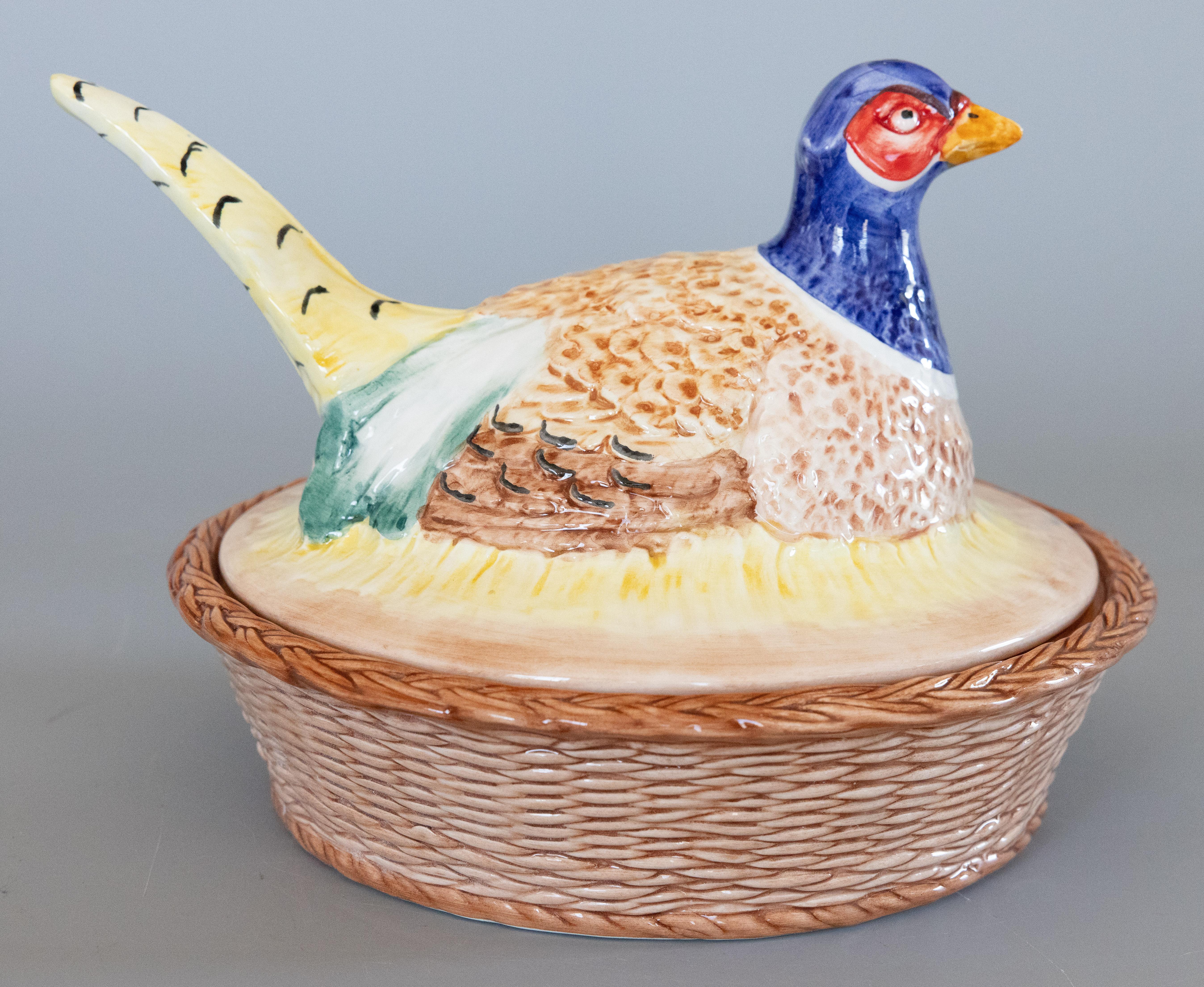 A charming vintage Italian majolica pheasant lidded tureen or covered serving dish with a basketweave bowl. Marked 