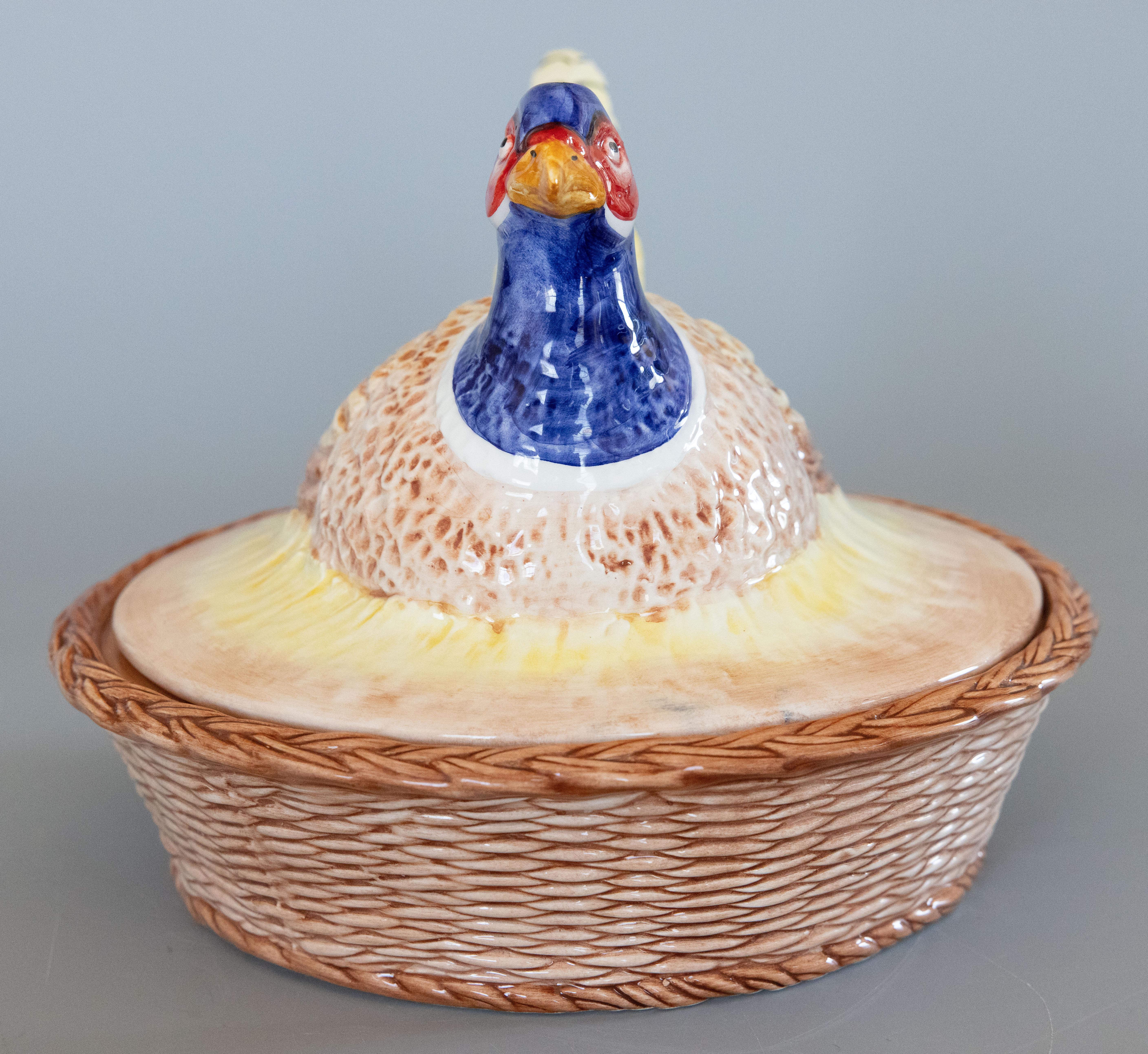 Mid-20th Century Italian Majolica Pheasant Basket Lidded Dish Centerpiece In Good Condition For Sale In Pearland, TX