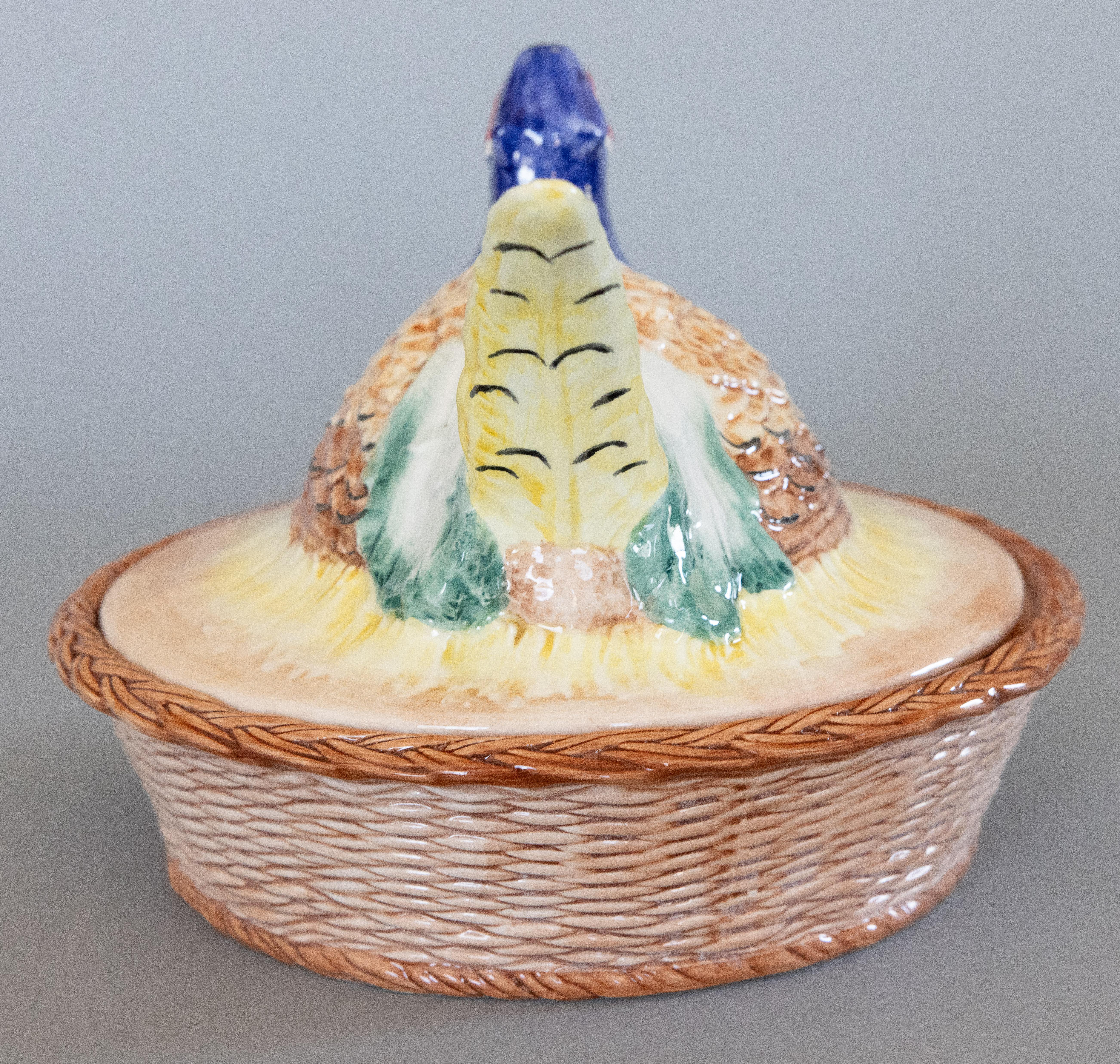 Ceramic Mid-20th Century Italian Majolica Pheasant Basket Lidded Dish Centerpiece For Sale