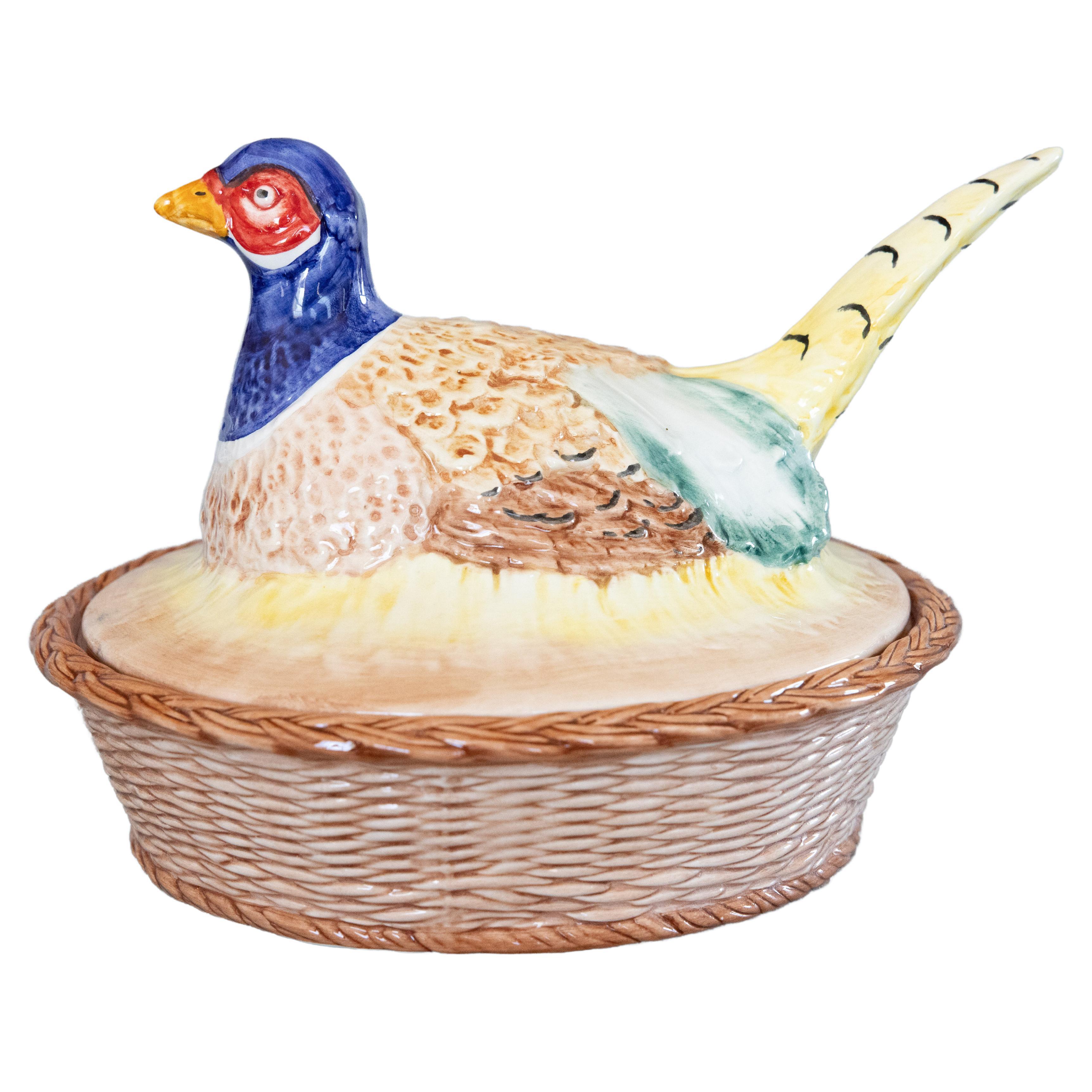 Mid-20th Century Italian Majolica Pheasant Basket Lidded Dish Centerpiece For Sale