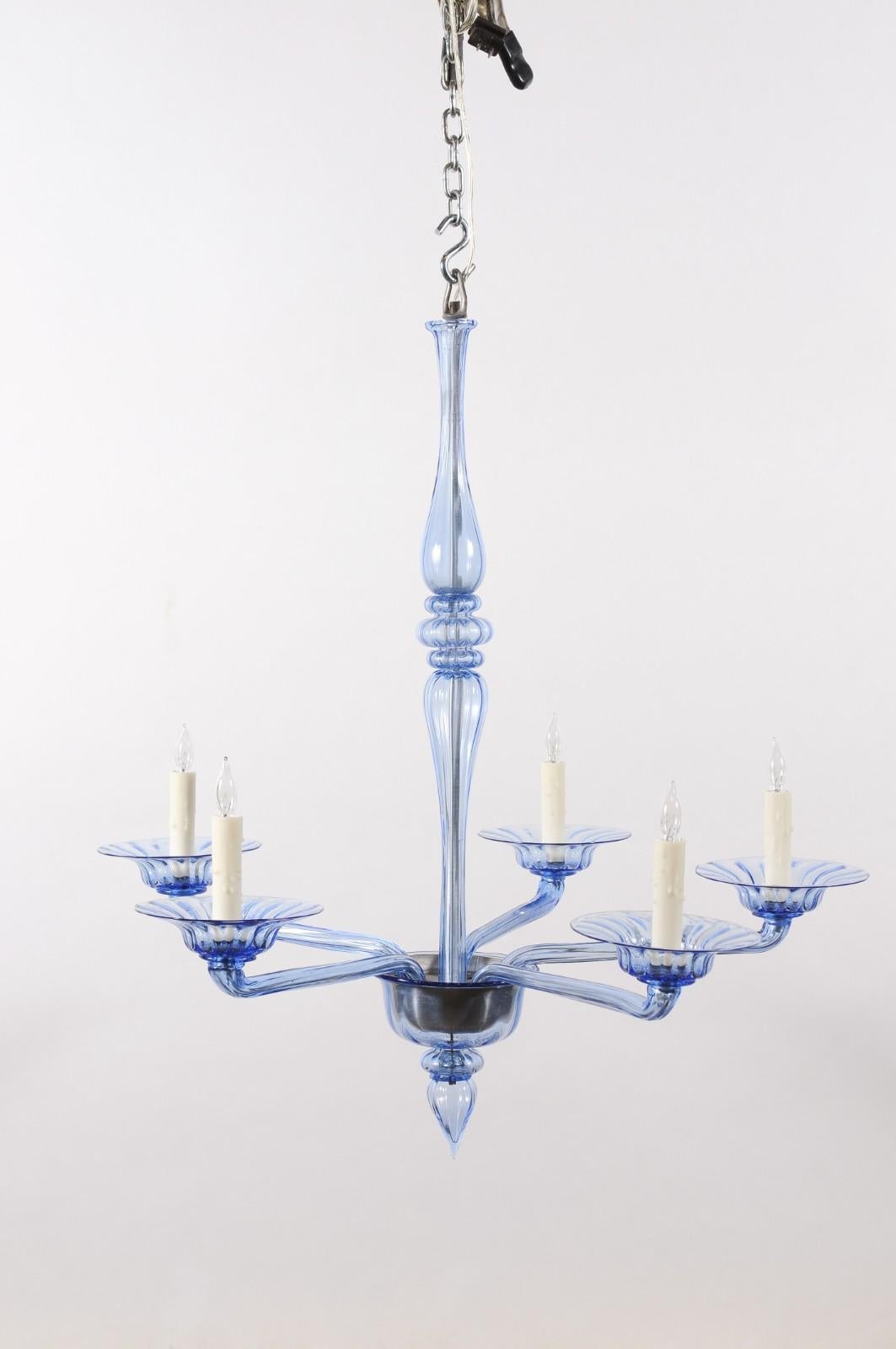 Lampadario in vetro soffiato blu di Murano della metà del XX secolo con 4 luci in vendita 8