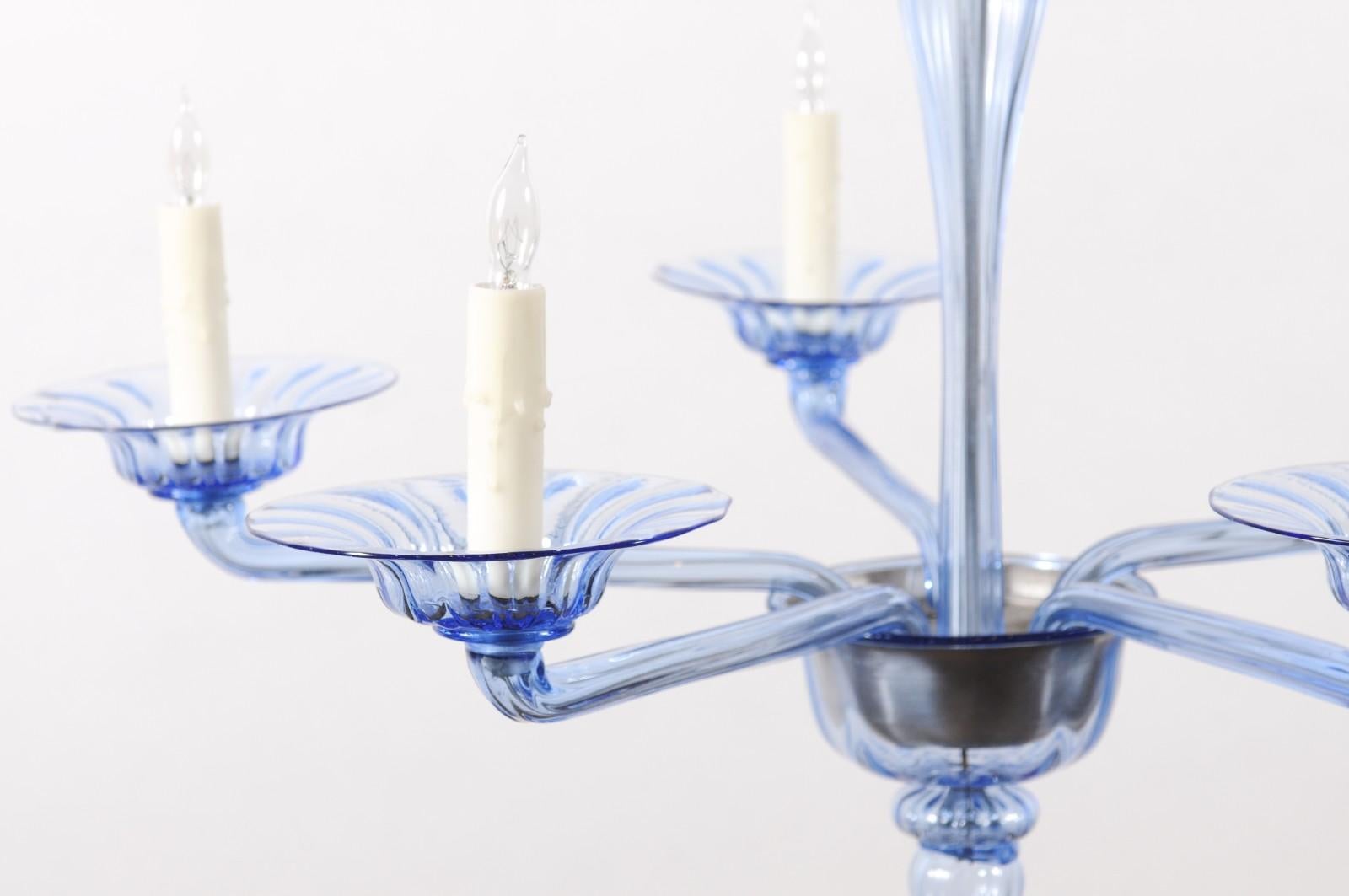 Lampadario in vetro soffiato blu di Murano della metà del XX secolo con 4 luci in vendita 13