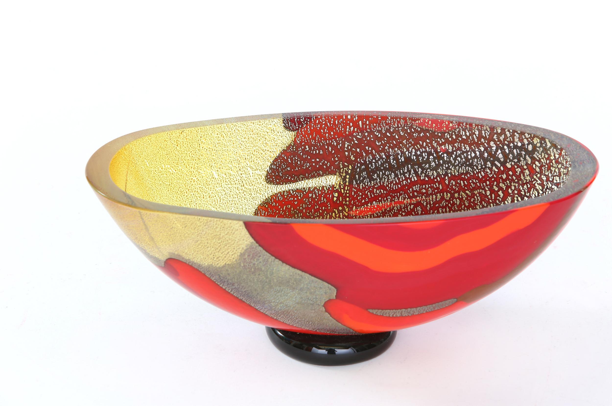 Mid-20th century Italian Murano glass decorative bowl with gold flecks design details. The decorative bowl is in great condition. Maker's mark undersigned & numbered 