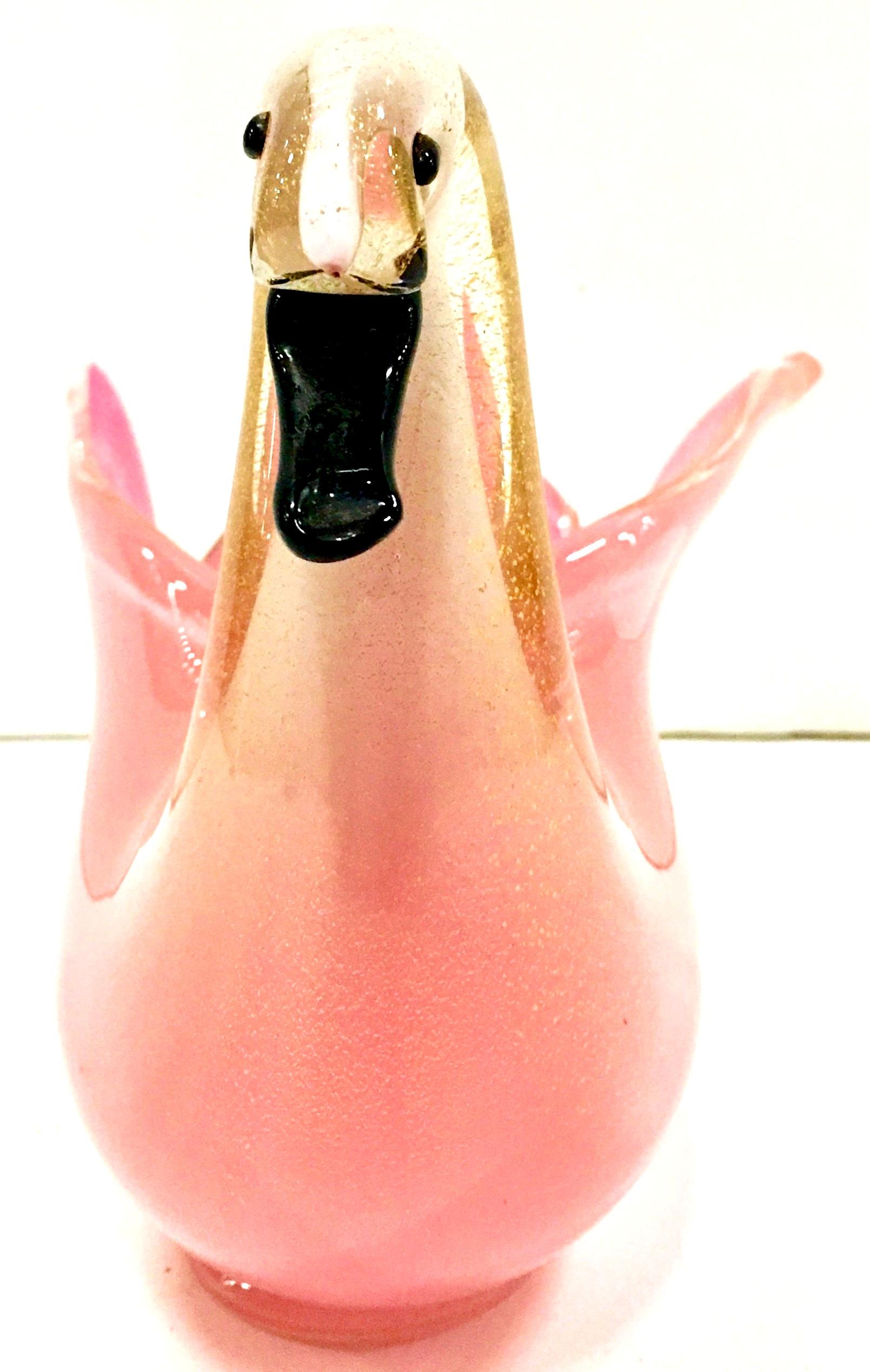 Mid-20th Century Italian Murano Glass Pink and Gold Flecks Sculptural Swan Bowl 1