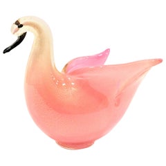 Vintage Mid-20th Century Italian Murano Glass Pink and Gold Flecks Sculptural Swan Bowl