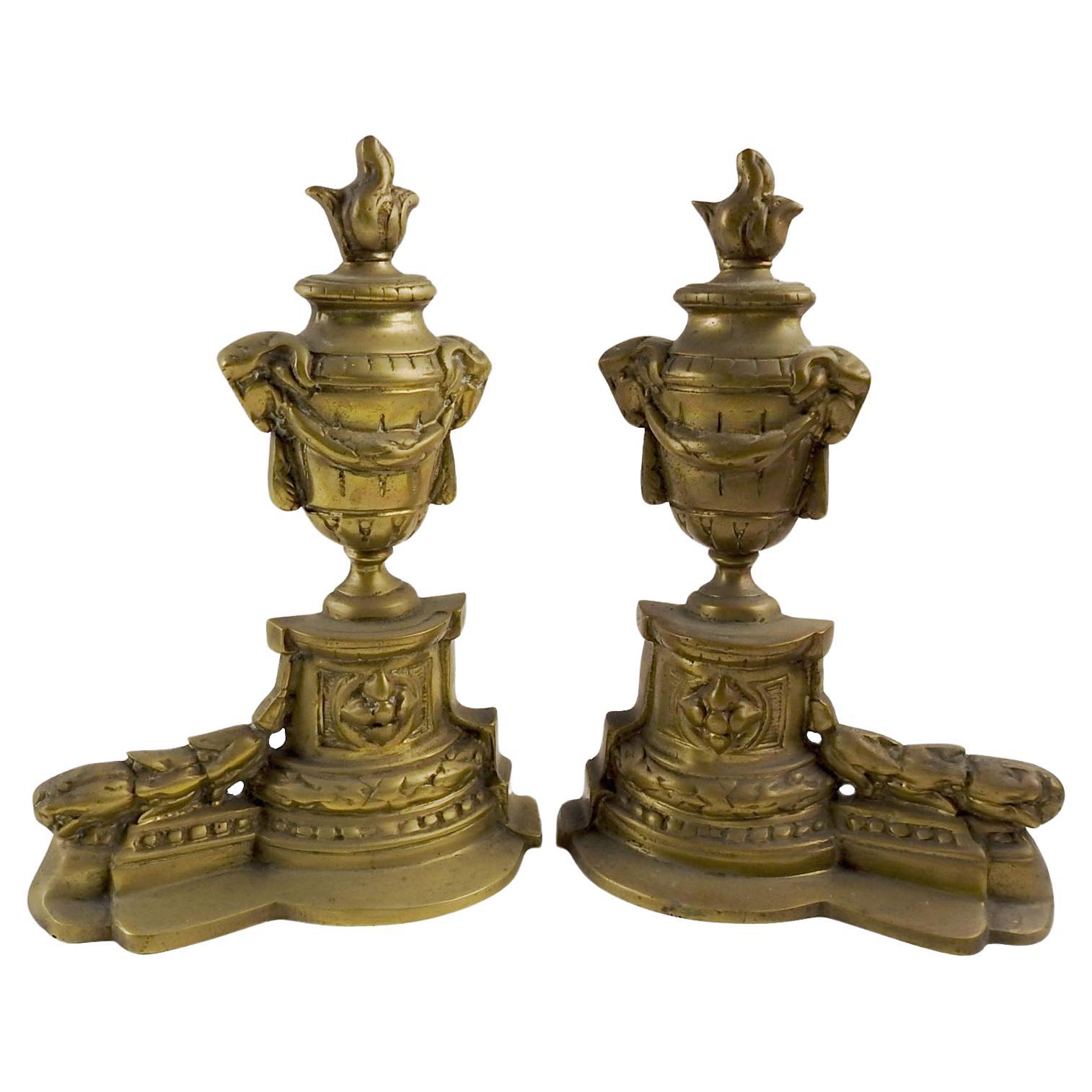 Mid 20th Century Italian Neoclassical Brass Chenets Andirons - a Pair For Sale