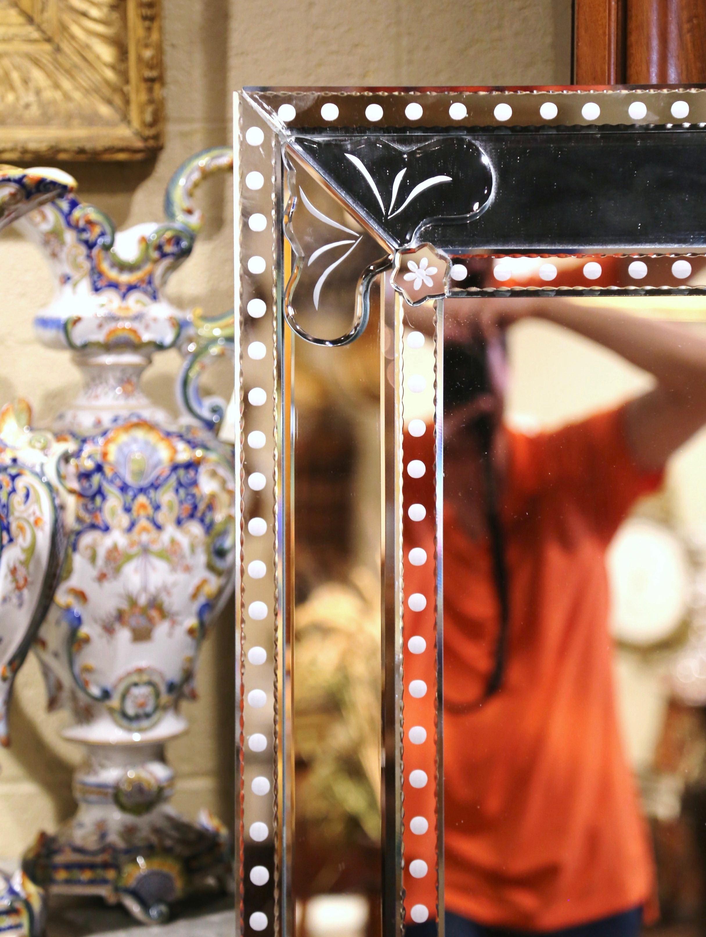 Mid-20th Century Italian Overlay Venetian Mirror with Painted Floral Etching In Excellent Condition In Dallas, TX