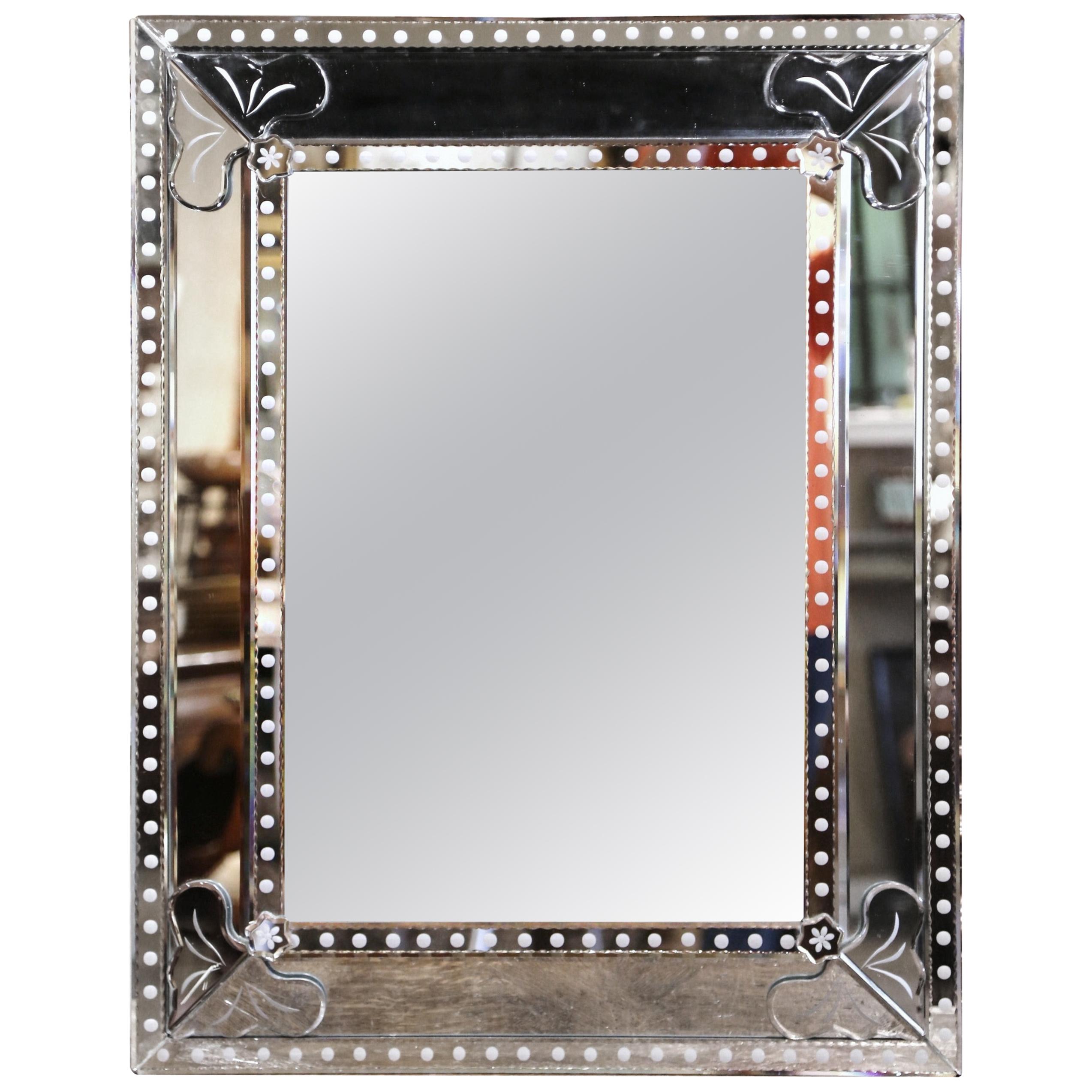 Mid-20th Century Italian Overlay Venetian Mirror with Painted Floral Etching