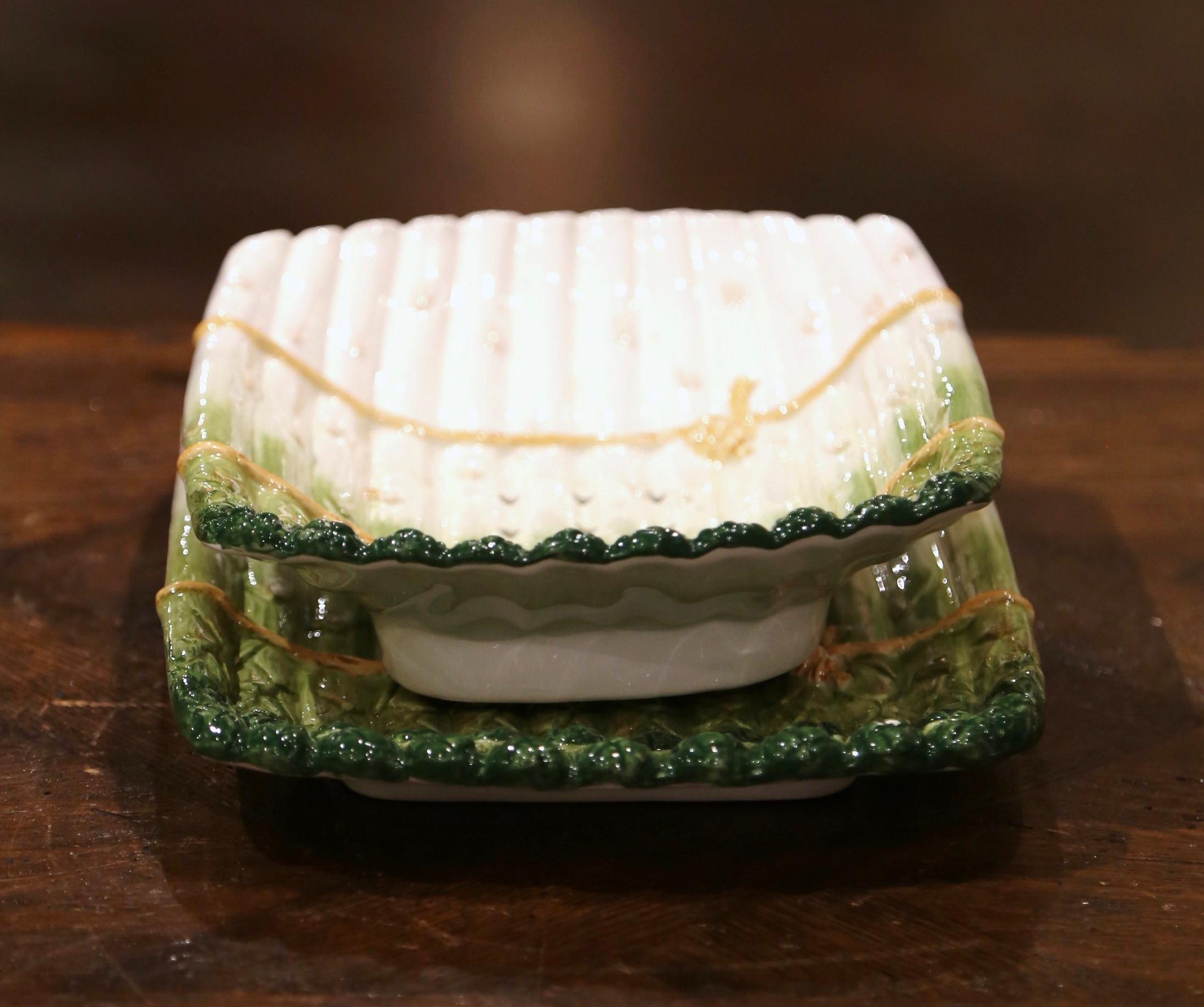 Mid-20th Century Italian Painted Barbotine Two-Piece Asparagus Dish For Sale 5