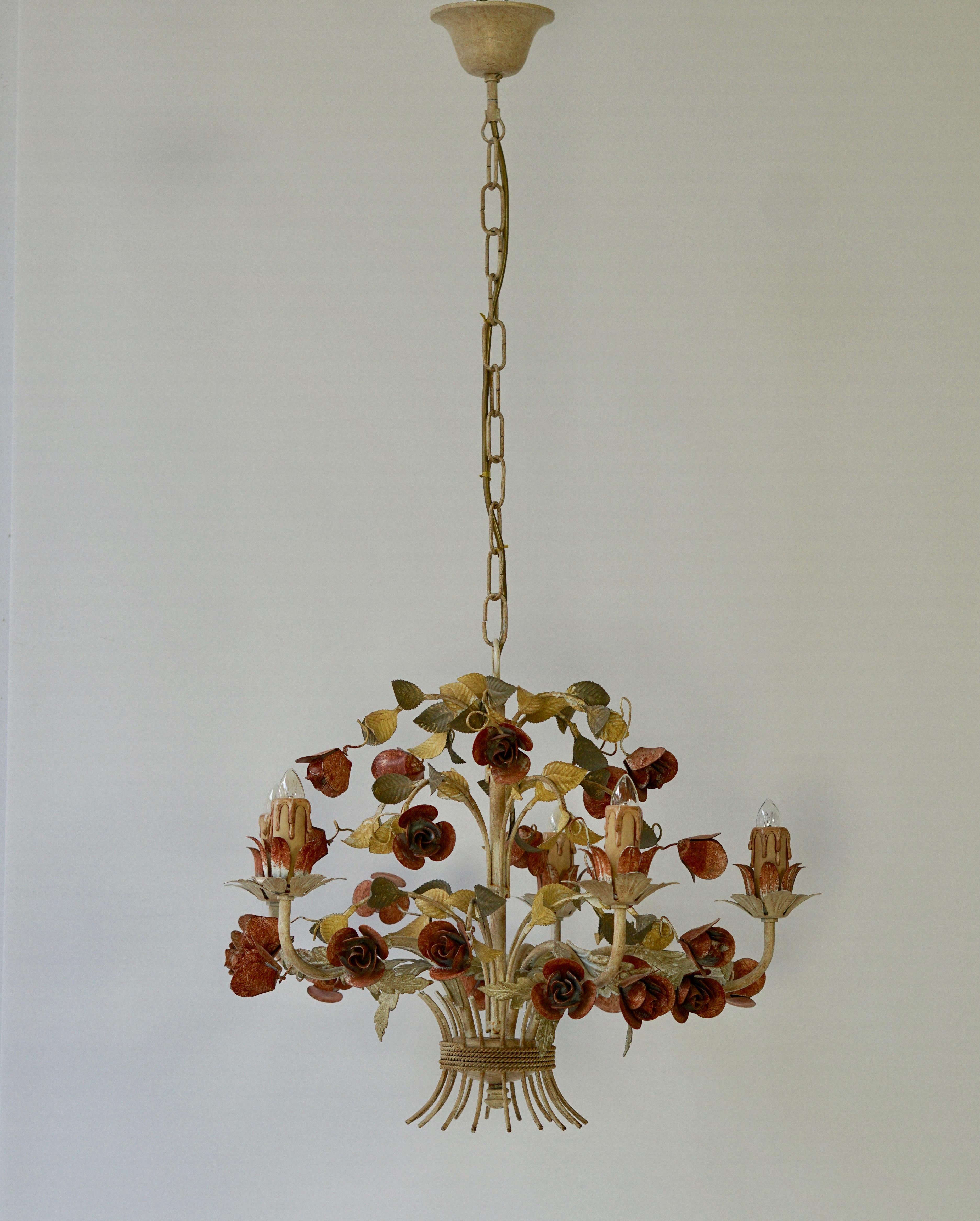 Mid-Century Modern Mid-20th Century Italian Painted Iron and Tole Chandelier with Flowers