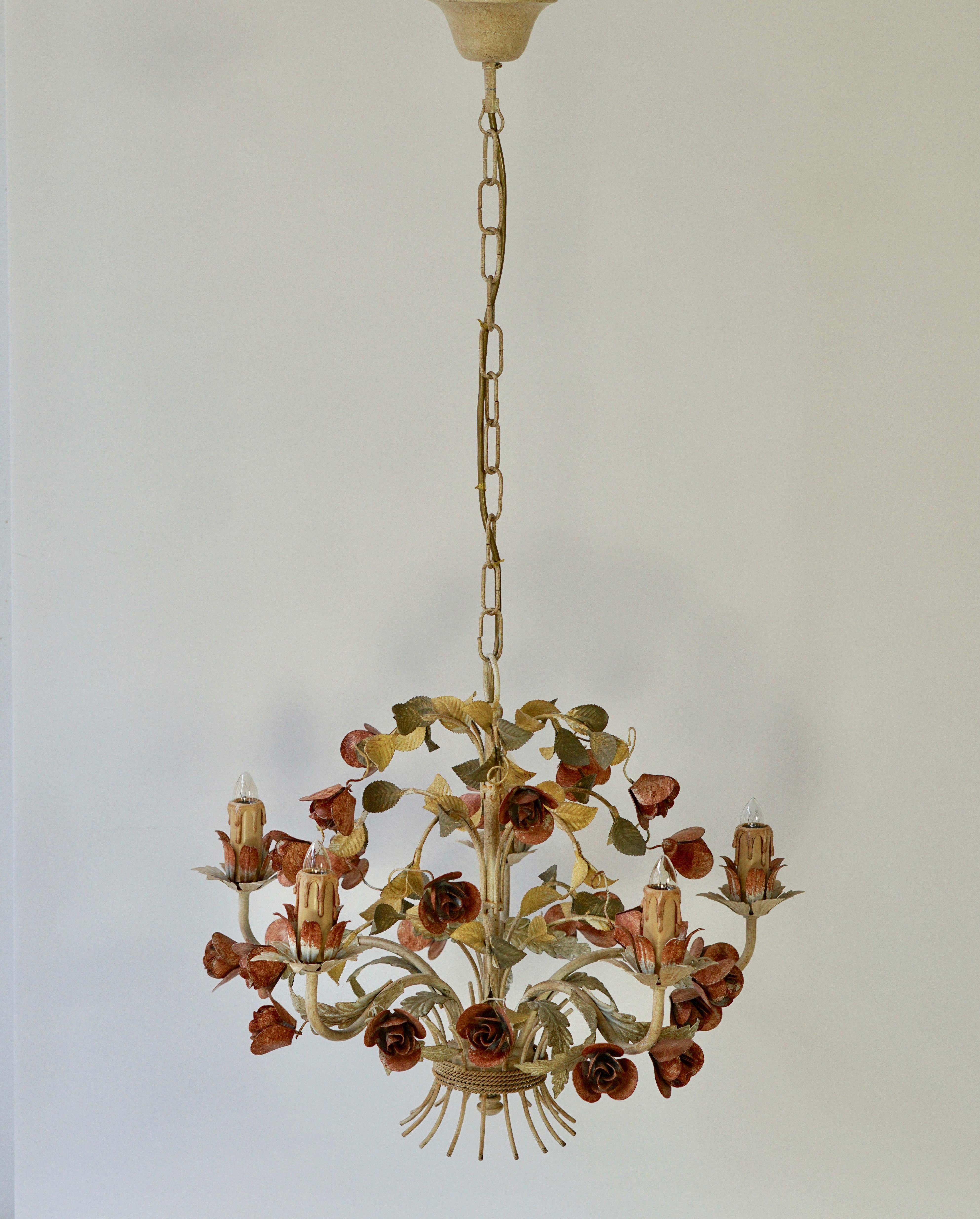 Metal Mid-20th Century Italian Painted Iron and Tole Chandelier with Flowers