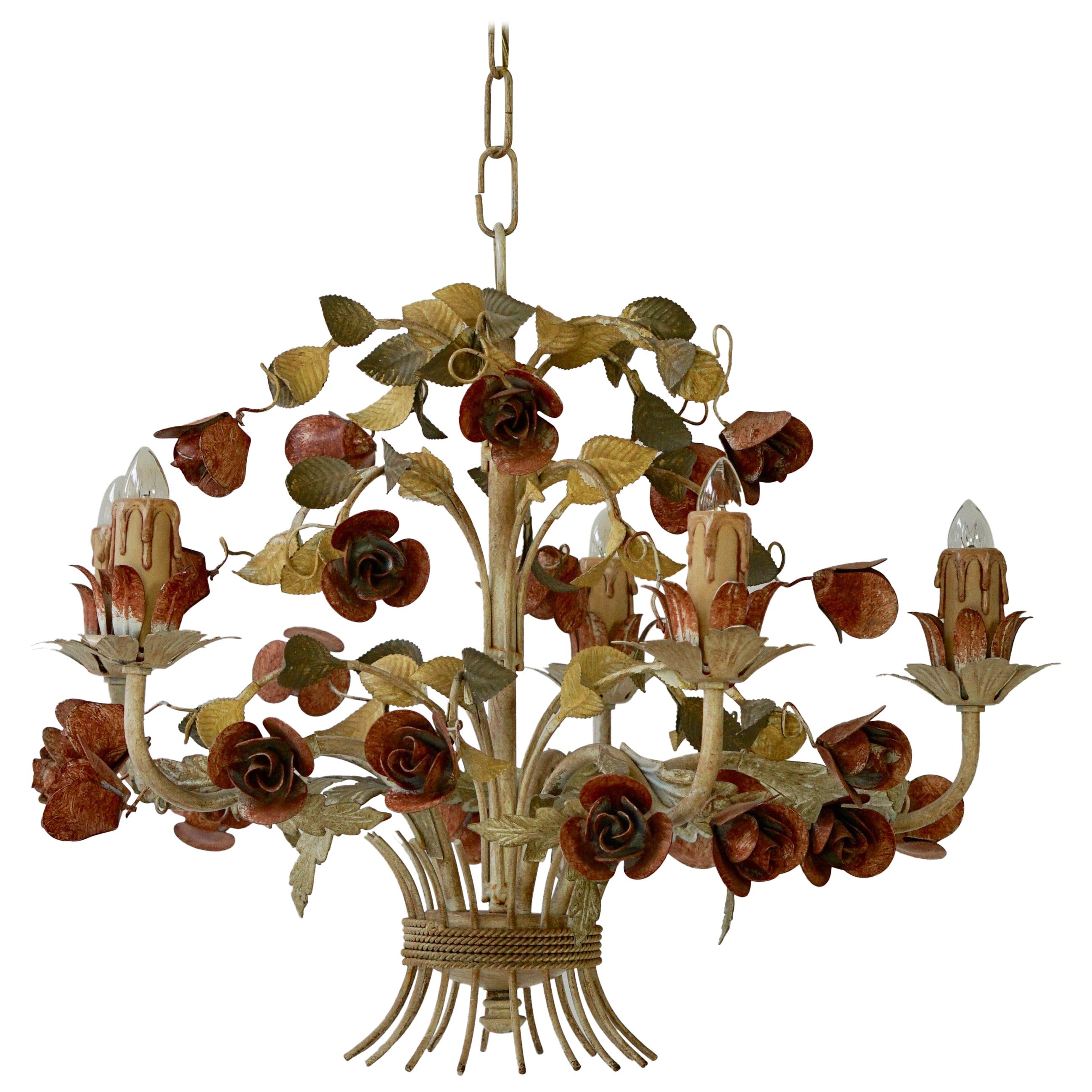 Mid-20th Century Italian Painted Iron and Tole Chandelier with Flowers