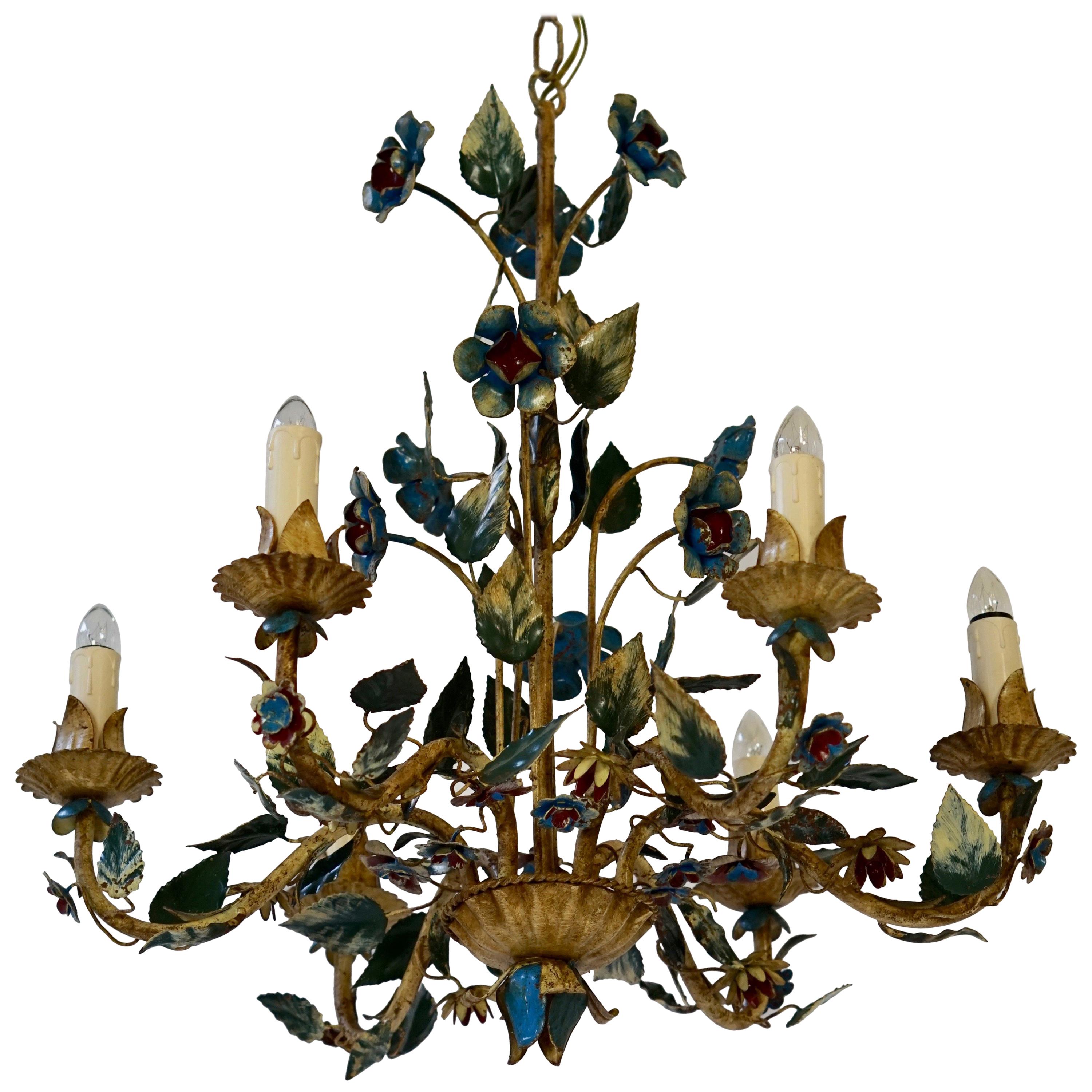 Mid-20th Century Italian Painted Iron and Tole Chandelier with Flowers For Sale