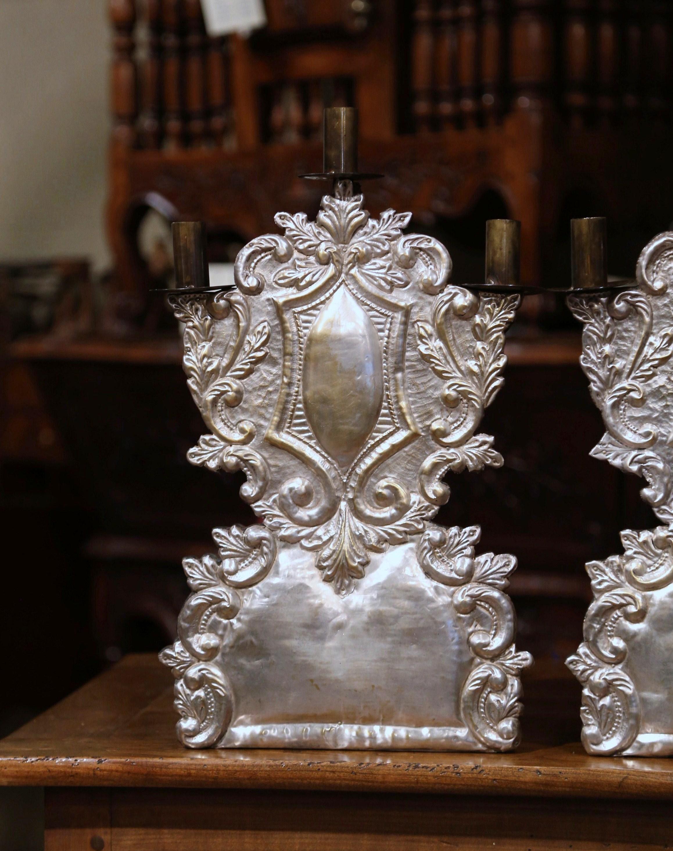 Hand-Carved Pair of Mid-20th Century Italian Carved Brass Silvered Three-Light Candelabras