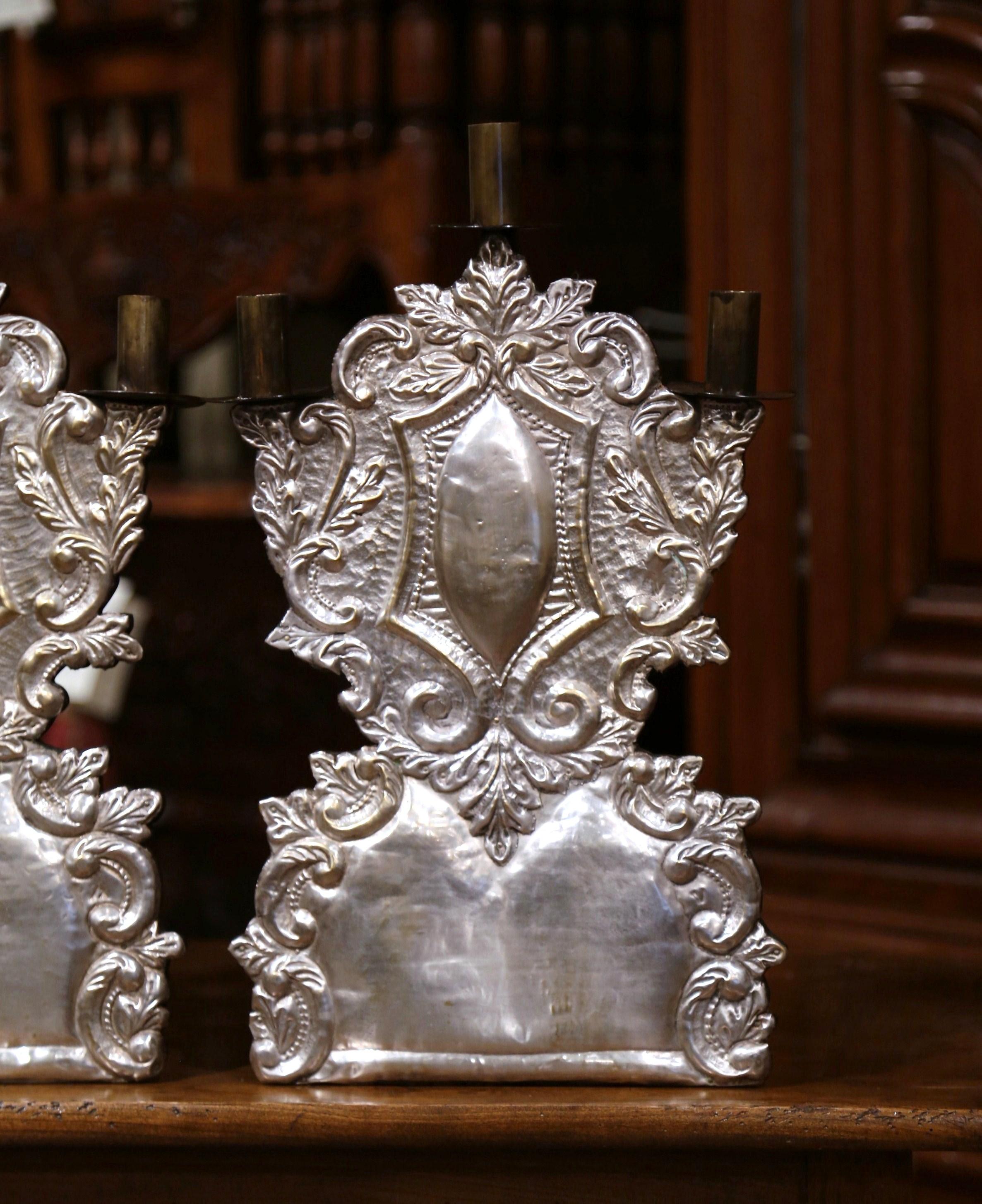 Pair of Mid-20th Century Italian Carved Brass Silvered Three-Light Candelabras In Excellent Condition In Dallas, TX