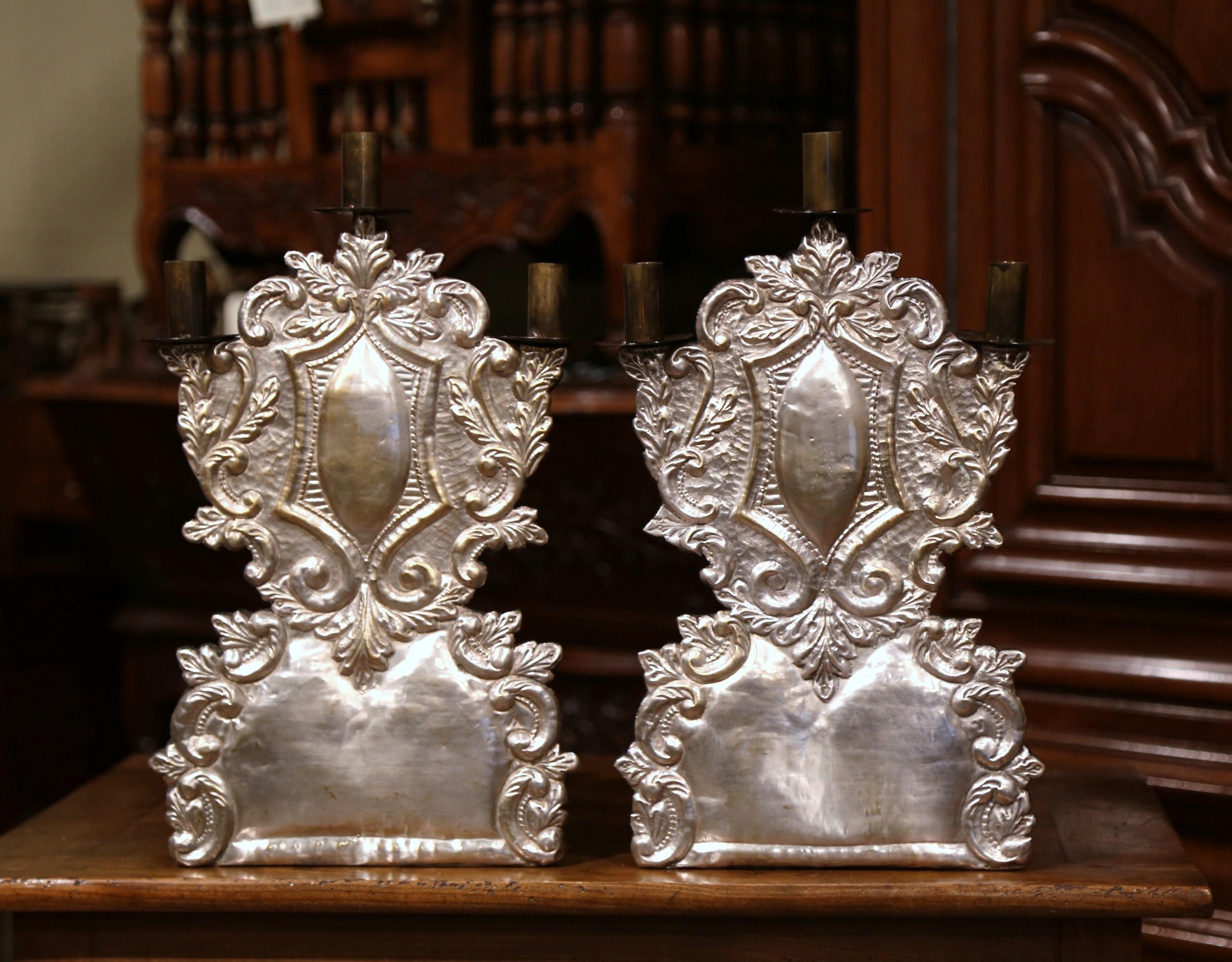 Silver Plate Pair of Mid-20th Century Italian Carved Brass Silvered Three-Light Candelabras