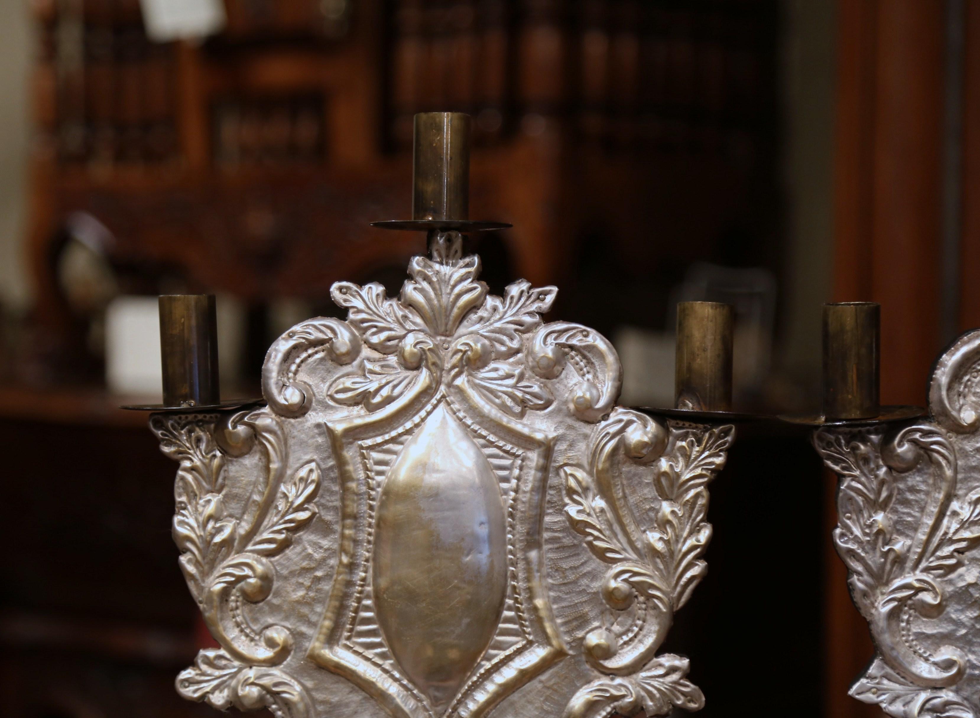 Pair of Mid-20th Century Italian Carved Brass Silvered Three-Light Candelabras 1