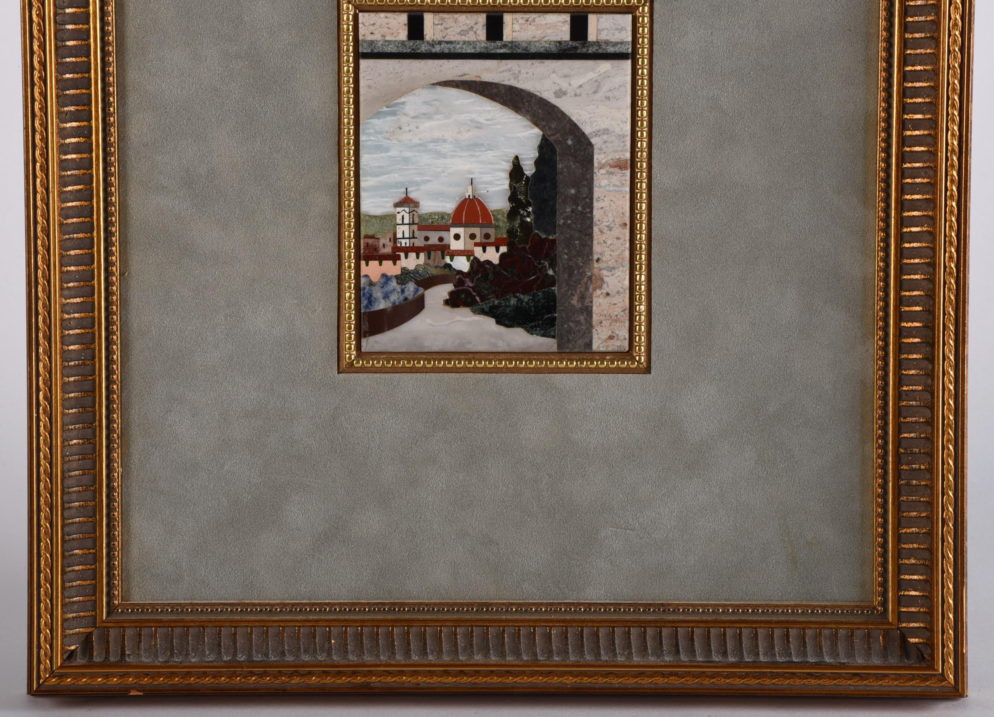 International Style Mid 20th Century Italian Pietra Dura Cityscape Framed Panel Plaque For Sale
