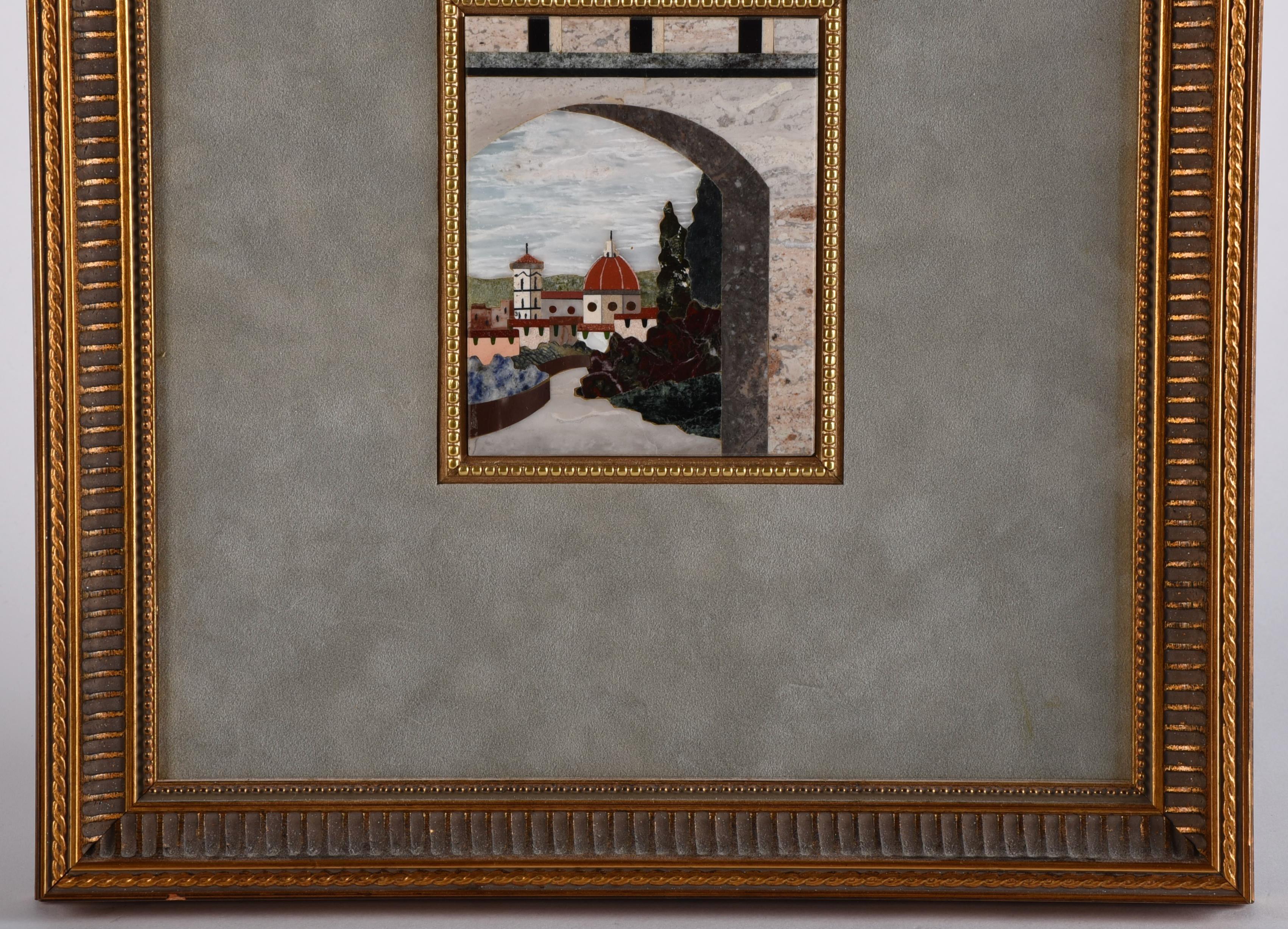 International Style Mid 20th Century Italian Pietra Dura Cityscape Framed Panel Plaque