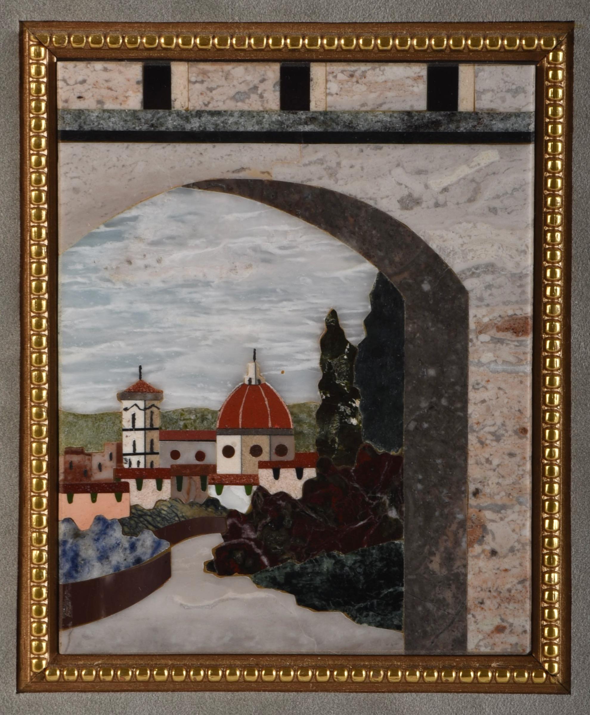 Mid 20th Century Italian Pietra Dura Cityscape Framed Panel Plaque In Good Condition For Sale In Sarasota, FL