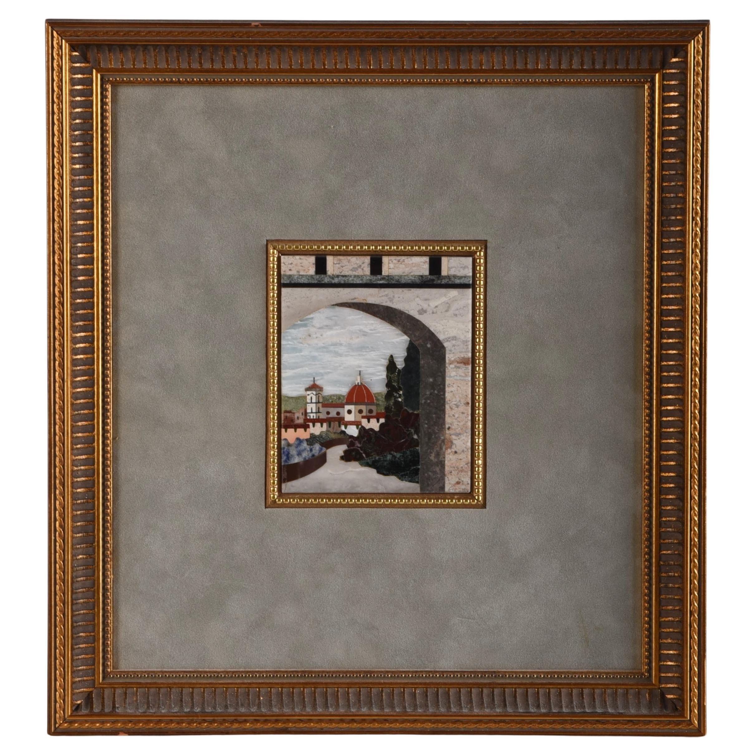 Mid 20th Century Italian Pietra Dura Cityscape Framed Panel Plaque For Sale