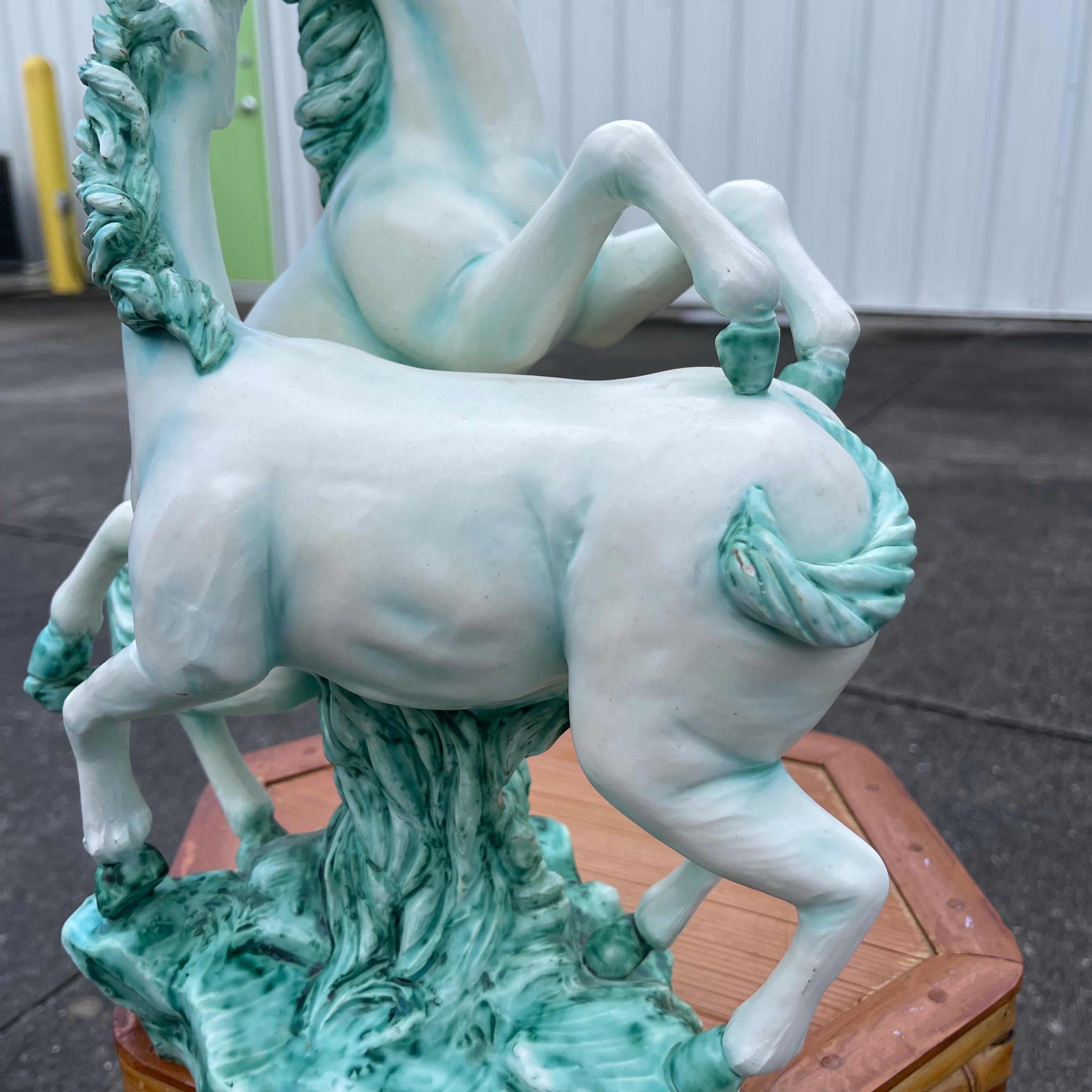 Mid-20th Century Italian Prancing Horse Glazed Ceramic Majolica Sculpture For Sale 1
