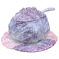 Vintage Mid-20th Century Italian Purple Porcelain Cabbage Tureen with Underplate & Ladle