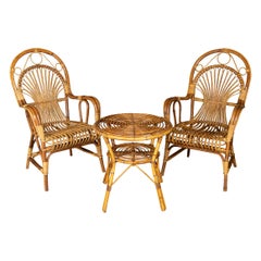 Mid-20th Century Italian Rattan Woven Table & Fan-Backed Chairs, c.1970