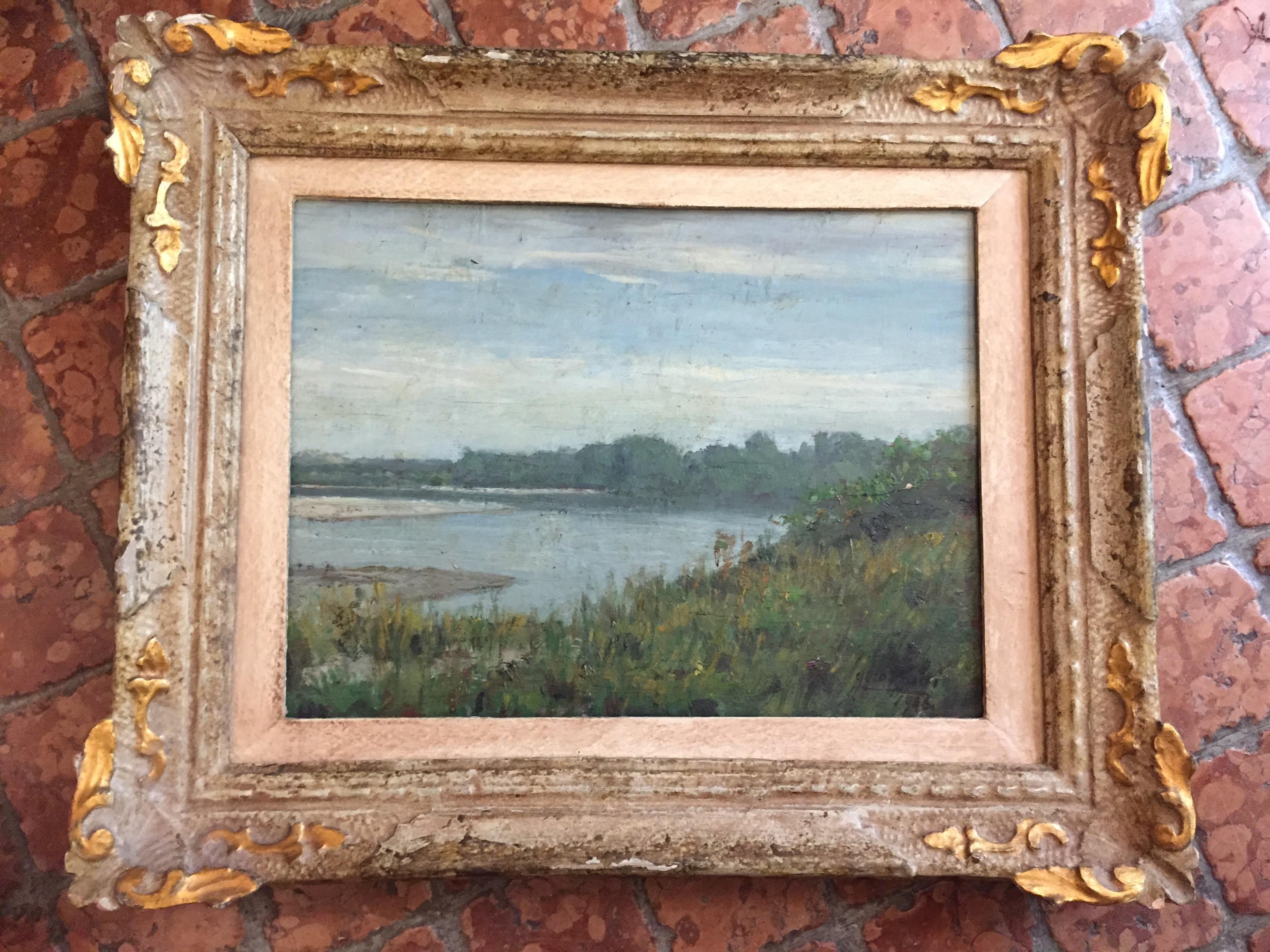 Mid-20th century Italian oil on wooden panel painting depicting a loop of the Ticino River, a Northern Italian landscape by the Milanese painter Luigi (Gigi) Comolli, (1893-1976) signed and dated lower left G G Comolli 1946. An example of his on the