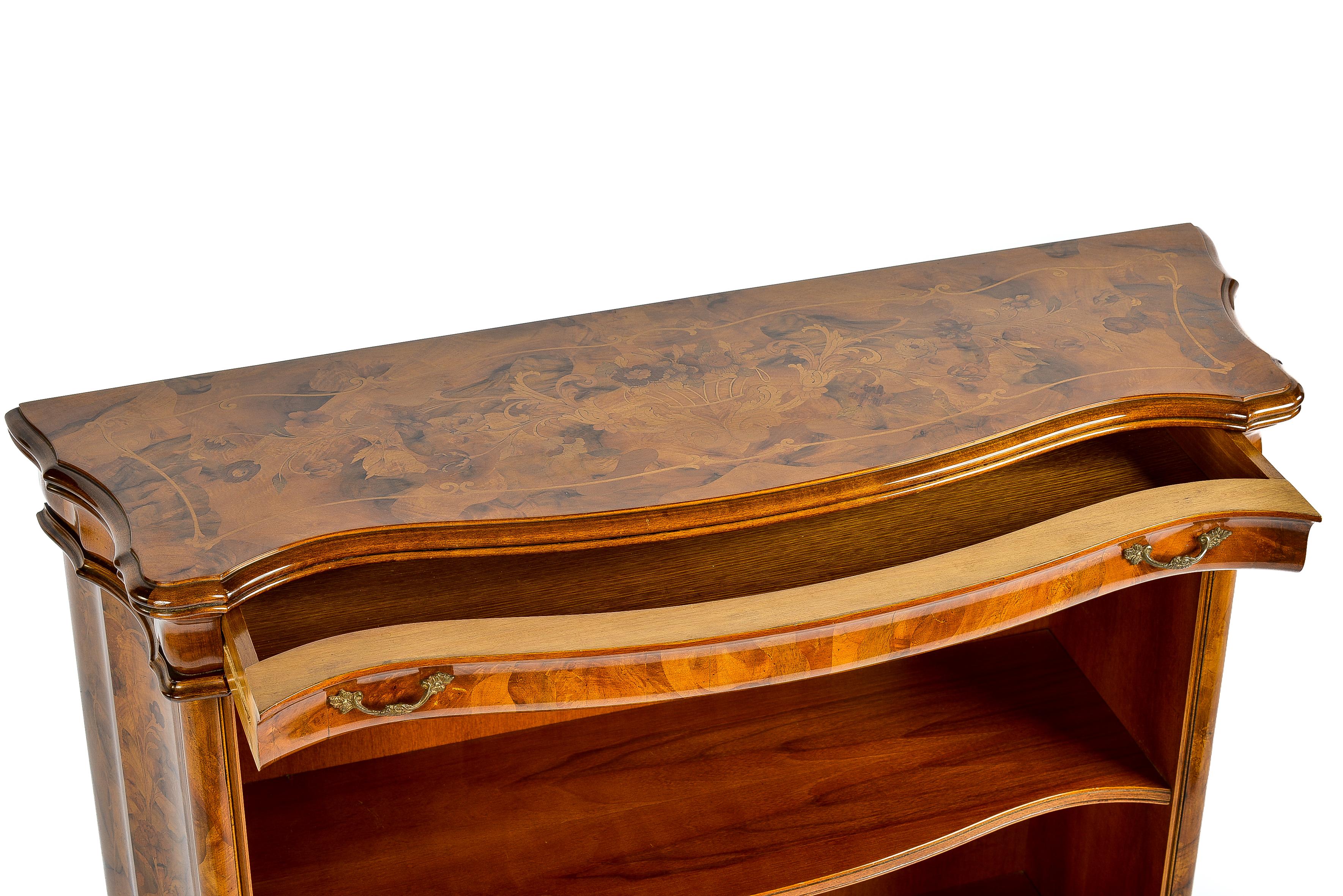 Inlay Mid 20th Century Italian Rococo Olivewood and Burl Walnut Inlaid Bookcase For Sale