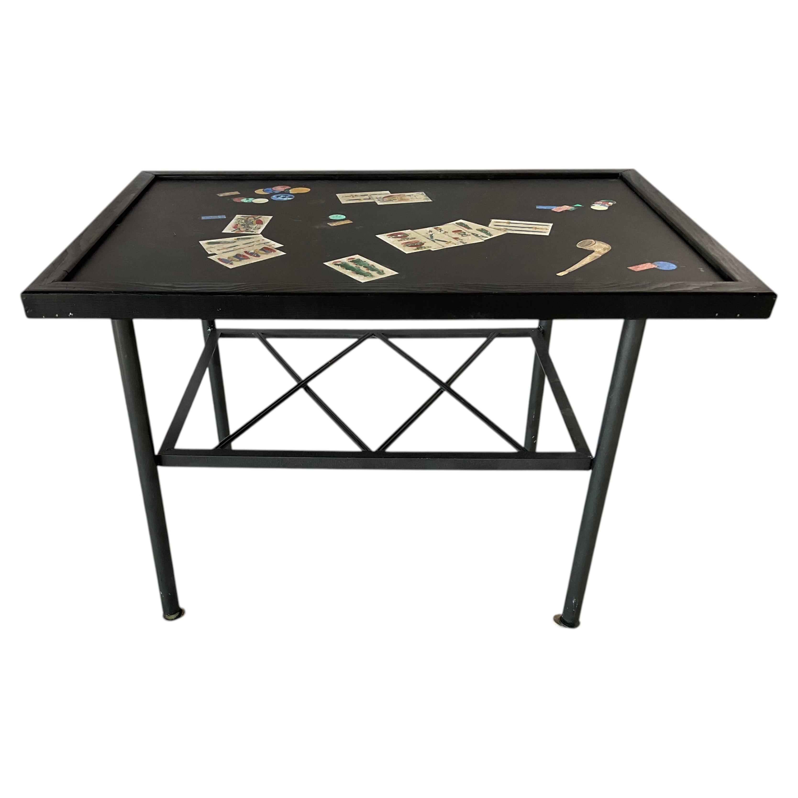 Mid-20th Century Italian Scagliola Inlaid Side Table with Metal Base For Sale