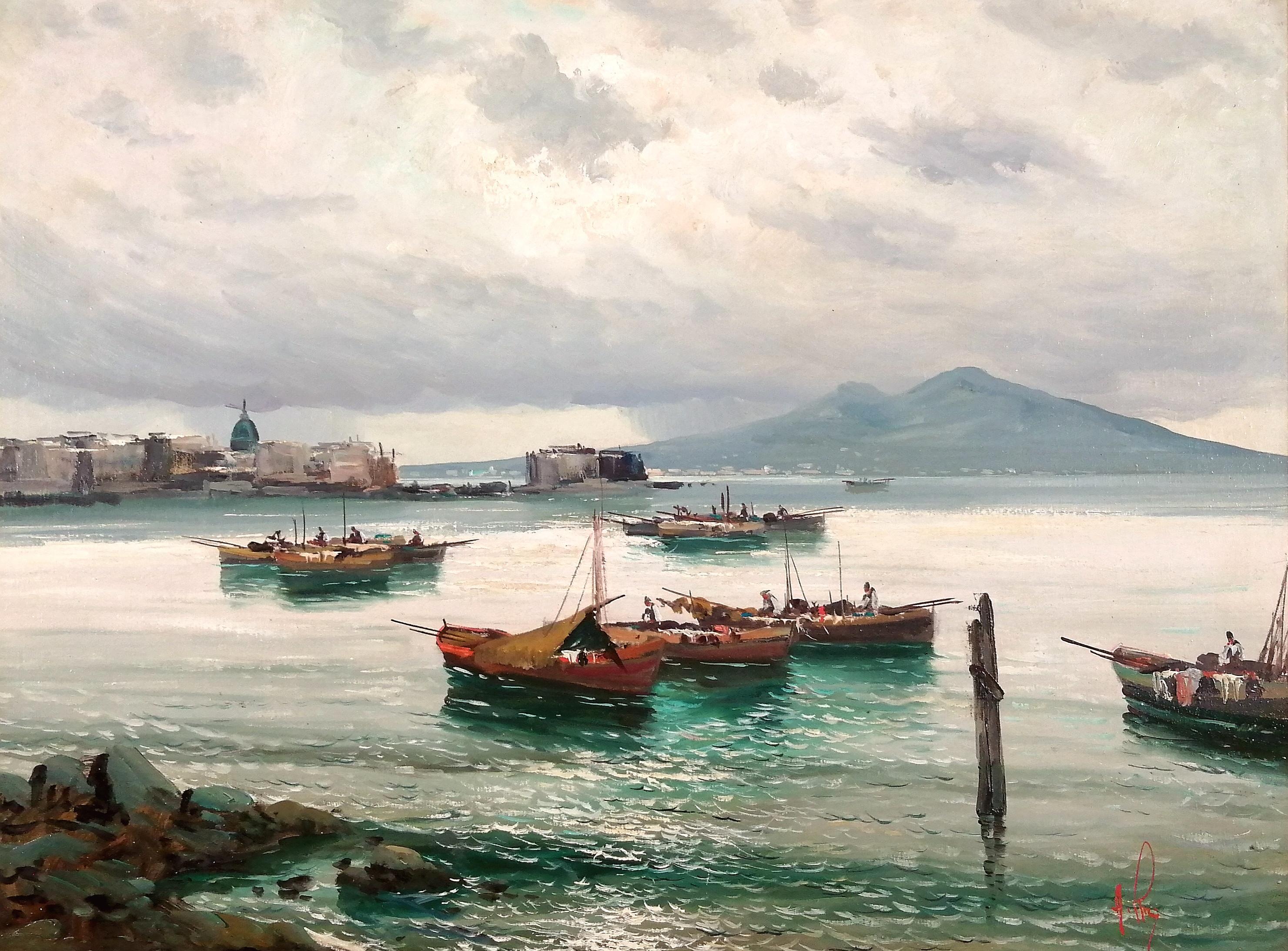 Bay of Naples - Large Mid 20th Century Italian Coastal Seascape Oil Painting - Beige Landscape Painting by Mid 20th Century Italian School