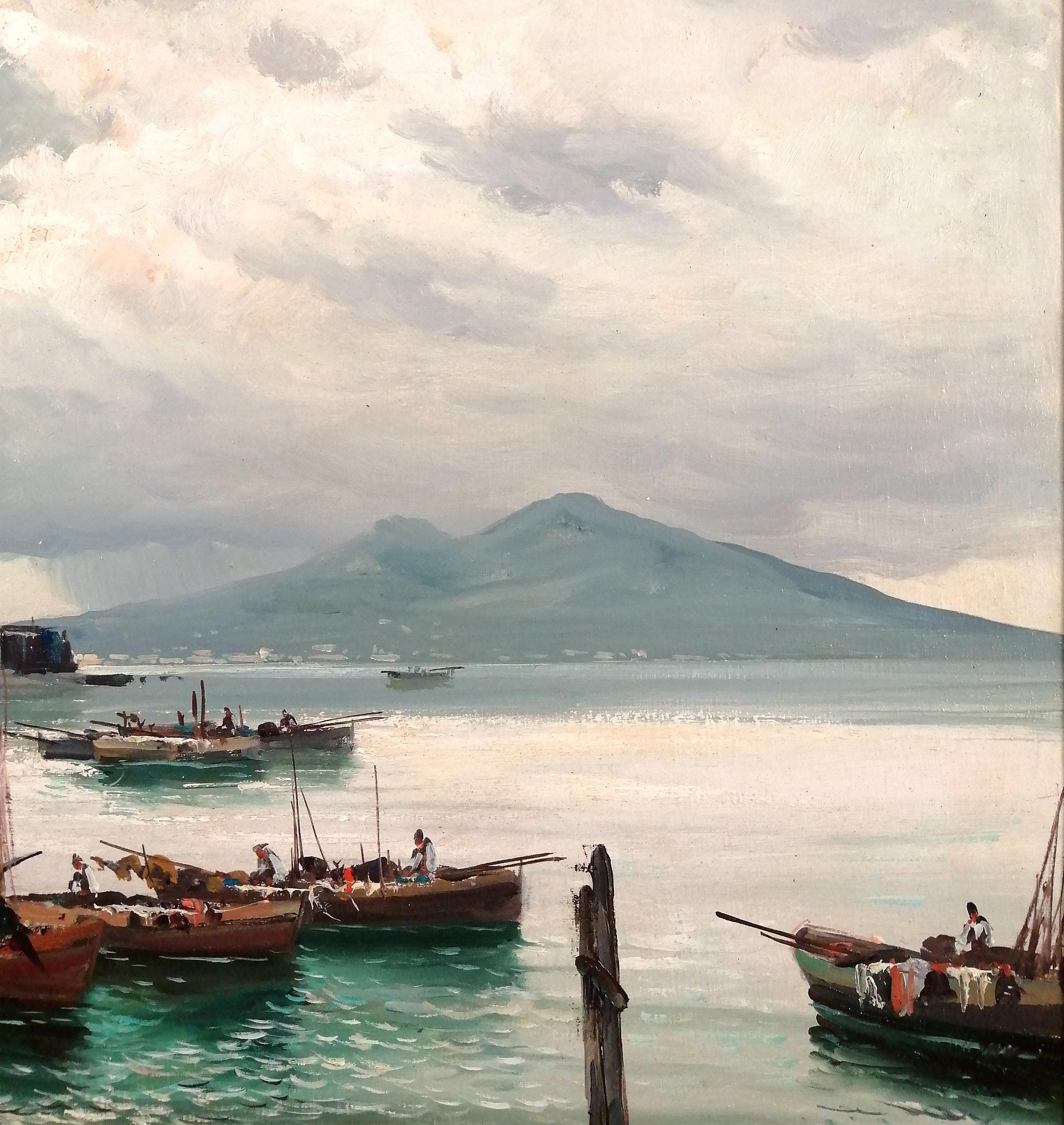 A beautiful large mid 20th century Italian oil on board depicting boats in the Bay of Naples. Excellent quality work in superb original condition. Signed lower right and presented in a gold frame.

Artist: Italian School, mid 20th century
Title: Bay